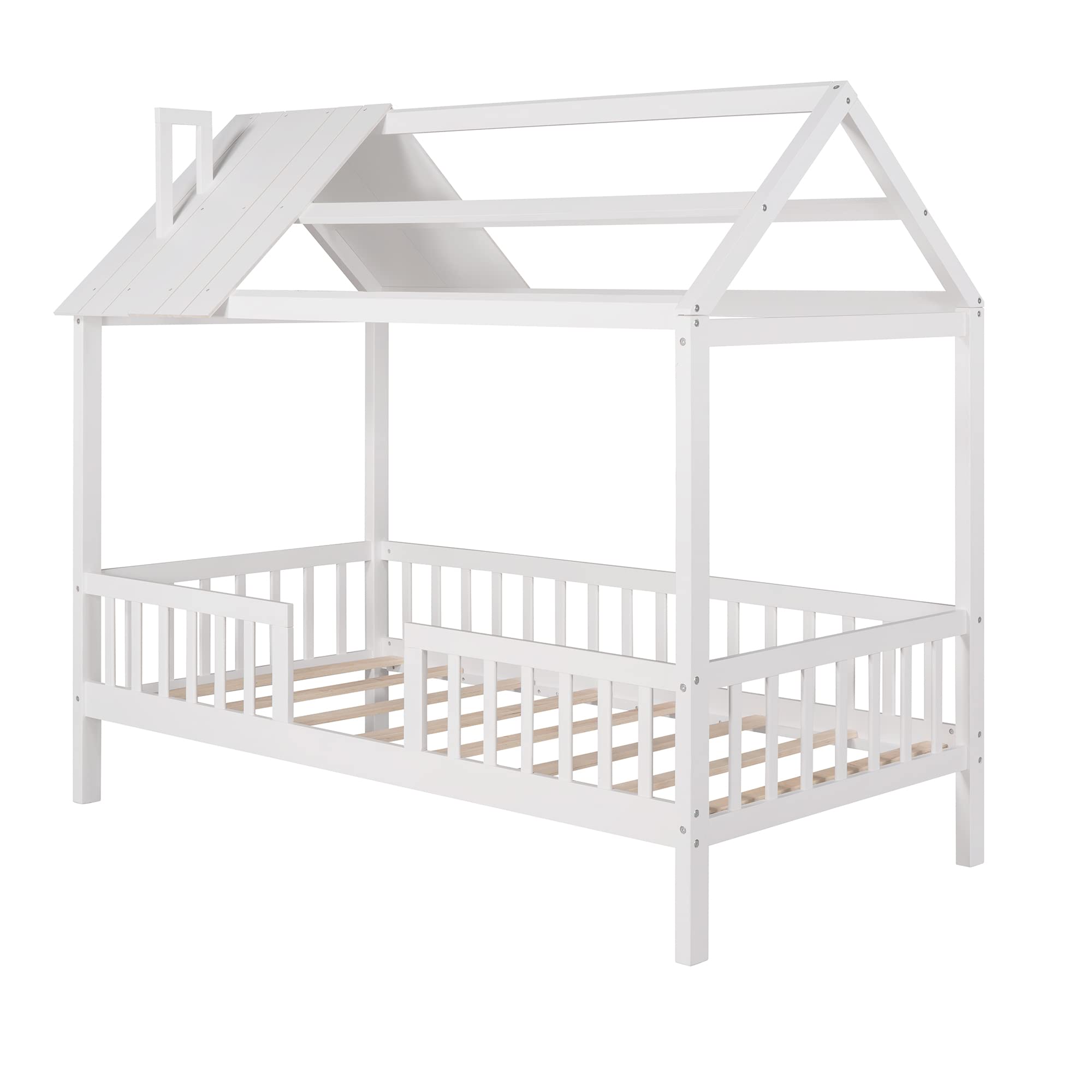 SOFTSEA Twin House Low Bed Solid Wood Platform Bed Frame with Safety Fence - Low Profile Modern Design for Kids Room, Nursery or Small Spaces