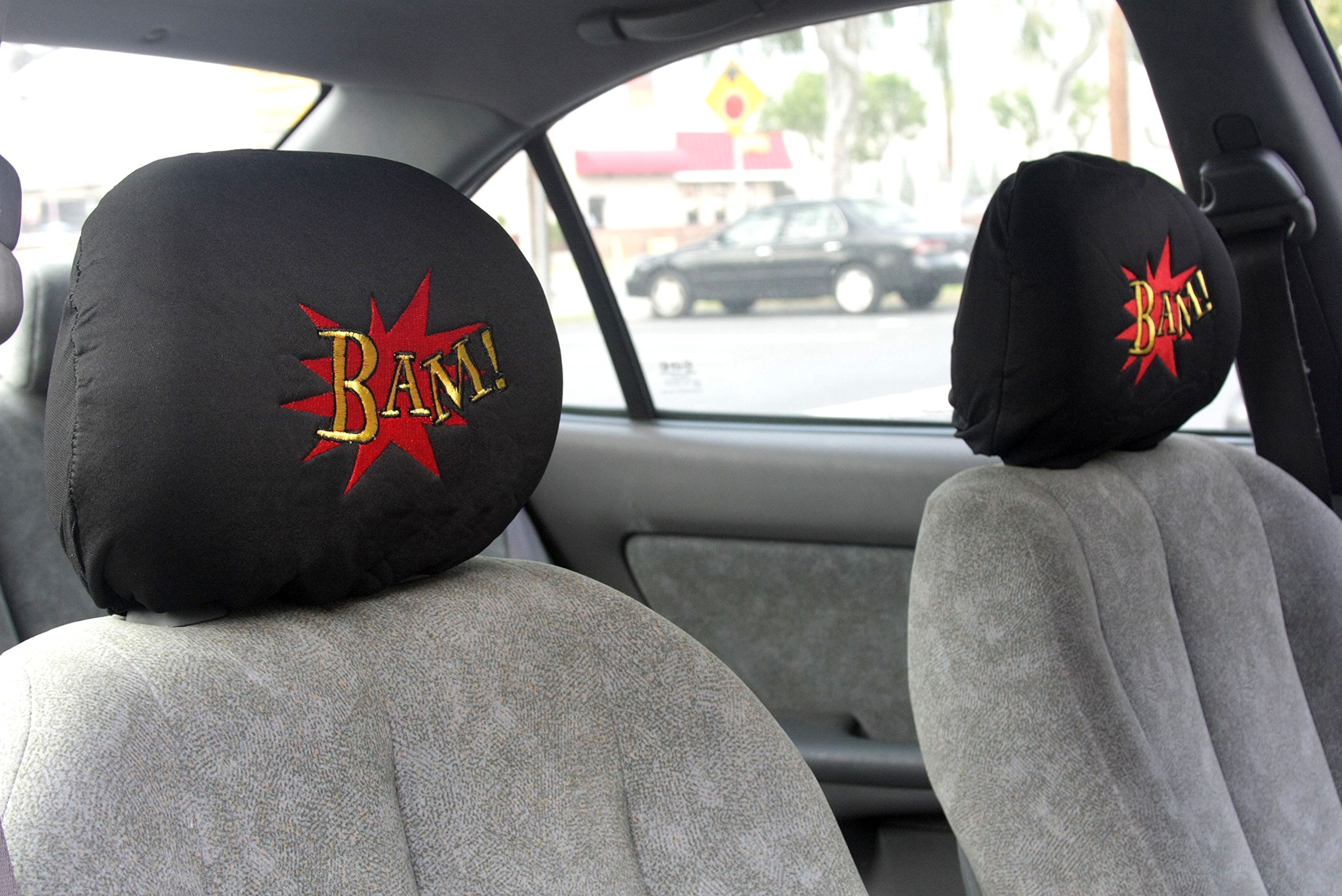 Universal Car Seat Headrest Cover - Interchangeable & One-Piece Design for Cars, Vans, Trucks (Comic BAM!) - Perfect for Road Trips, Daily Commutes & Vehicle Protection