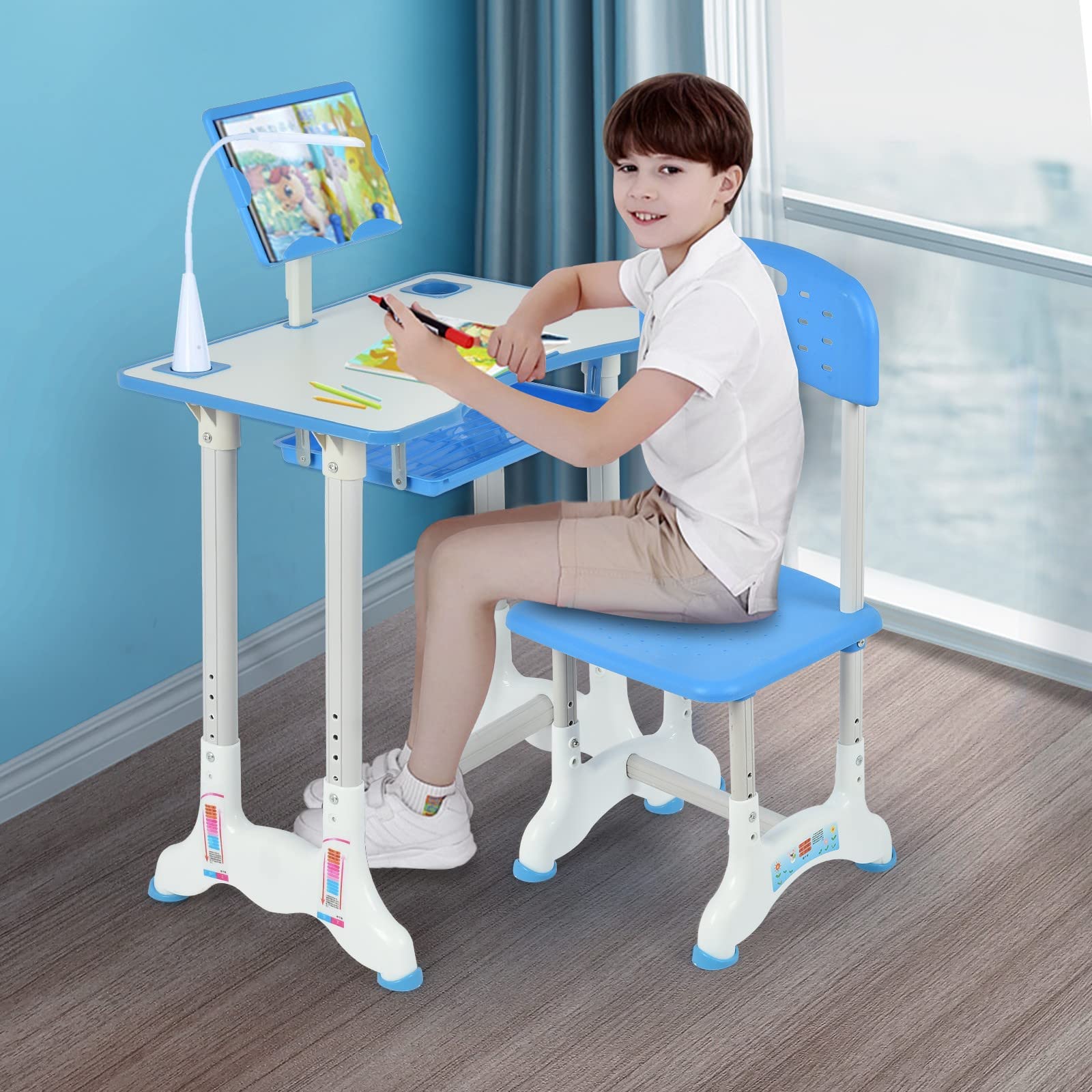 Adjustable Kids Desk and Chair Set - Ergonomic Study Desk for Children, Height Adjustable Student Writing Table with Chair for Home Schooling (Blue) - Perfect for Homework, Online Learning & Arts & Crafts