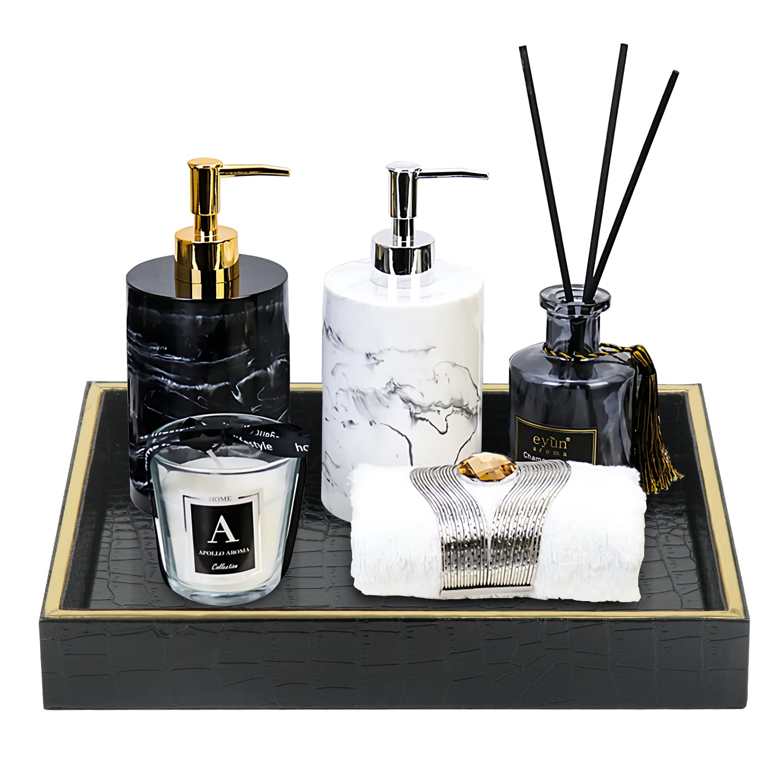 Premium Faux Leather Vanity Tray - Elegant Desktop & Dresser Organizer for Jewelry, Perfume, Keys | Decorative Catchall Tray for Bathroom, Nightstand, Office & Home Decor (Black Crocodile Pattern)