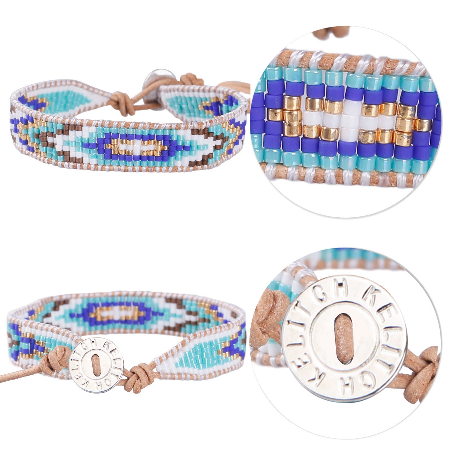 KELITCH Blue Diamond-Shaped Boho Seed Beaded Bracelet - Hand-Braided Bangle for Women - Perfect for Festivals, Beach Parties & Boho Chic Outfits