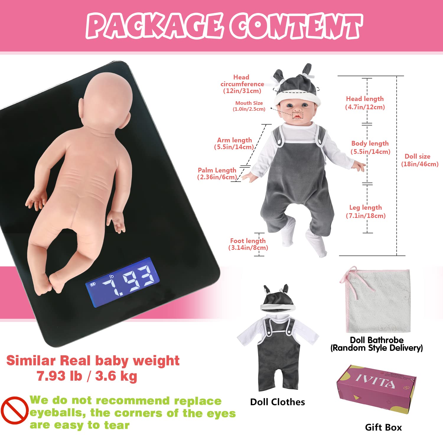 IVITA 18 Inch Realistic Silicone Reborn Baby Doll - Soft Newborn Boy Doll, Non-Vinyl & Full Body Silicone Material - Perfect for Gift Giving, Nursery Decor, and Pretend Play
