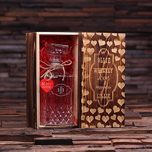 Teals Prairie & Co. Personalized Valentines Day Whiskey Decanter Set with Engraved Wood Gift Box - Romantic Anniversary Gift for Him, Whiskey Lover Present - Perfect for Valentine's, Wedding & Anniversary Celebrations