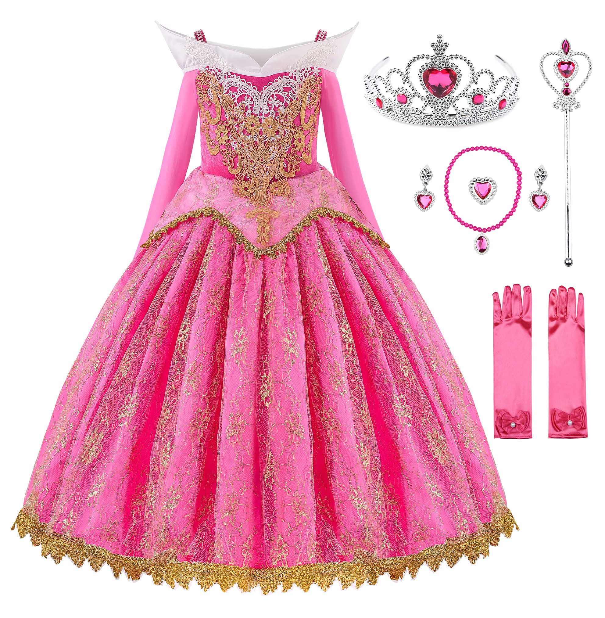 Girls Princess Costume Off Shoulder Dress with Accessories - Halloween Party, Birthday, Dress Up & Pretend Play