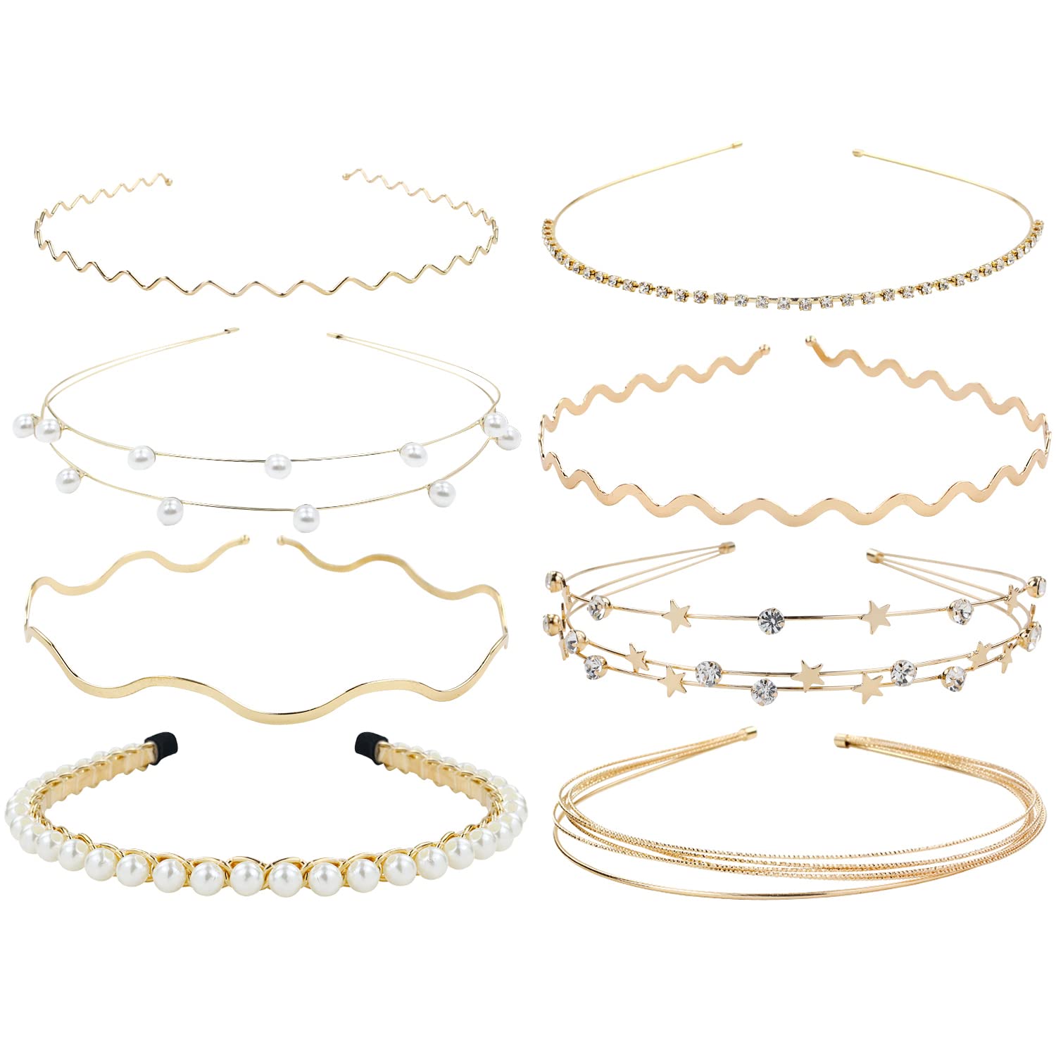 Lawie 8 Pack Skinny Rhinestone Pearl Sparkly Delicate Gold Metal Headbands - Glitter Hair Bands for Women, Slim Thin Hard Hair Hoops, Crown Tiara Hair Holder Headpieces - Perfect for Weddings, Parties & Special Occasions