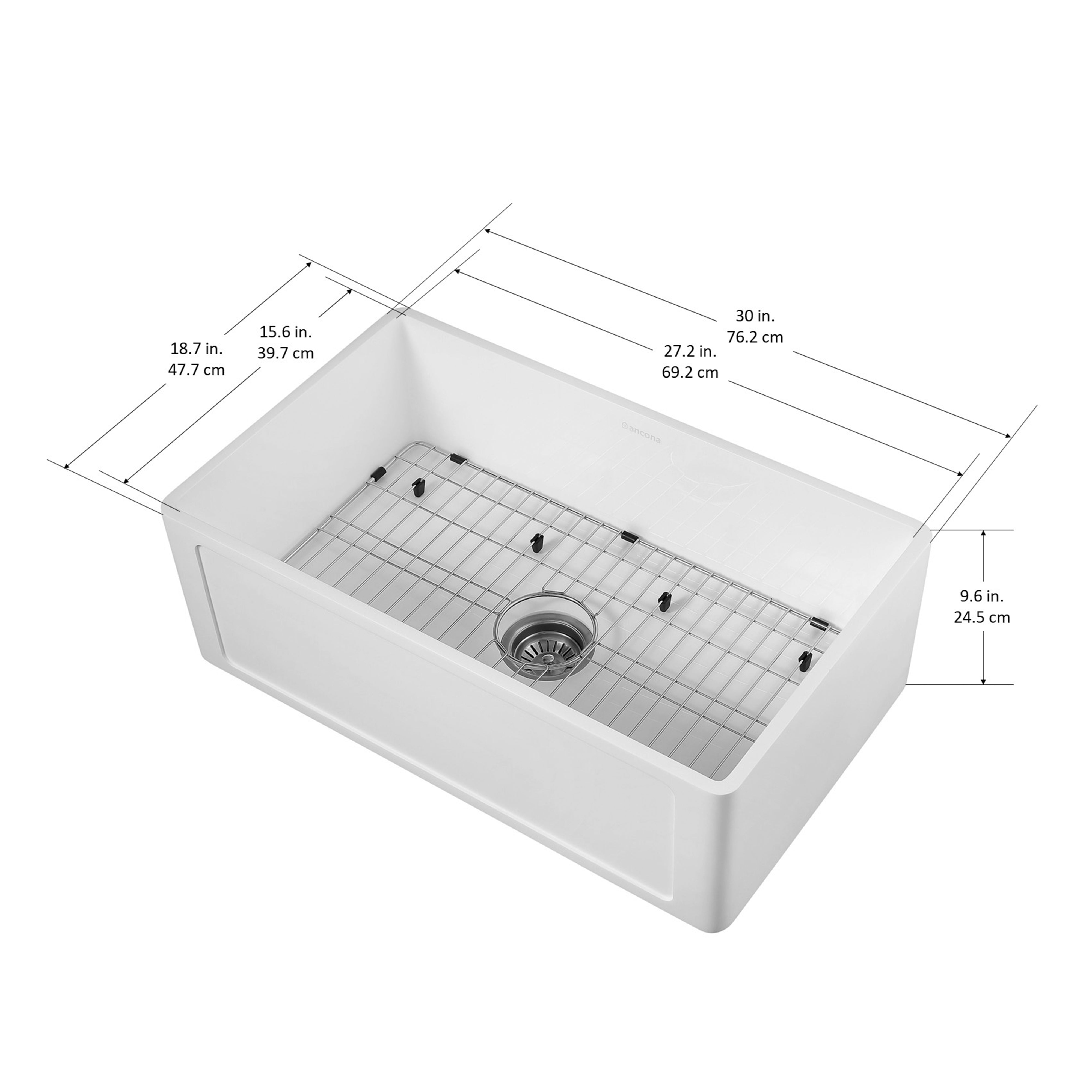 Holbrook Pure Stone Farmhouse 30-inch White Single Bowl Kitchen Sink with Grid & Strainer - Perfect for Modern Farmhouse, Rustic & Contemporary Kitchen Designs