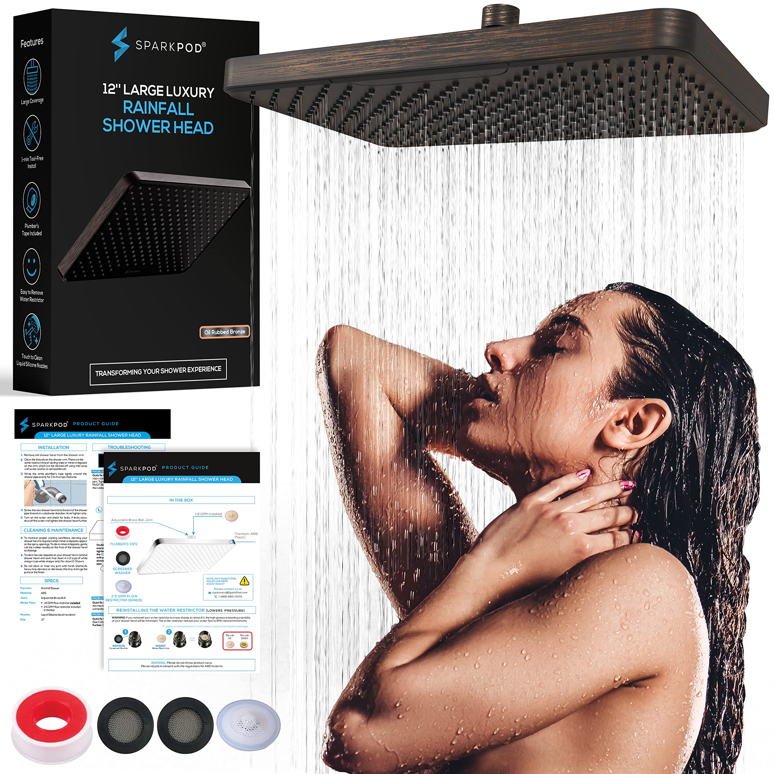 SparkPod 12 Inch Rectangle Rain Shower Head - Ceiling or Wall Mount Rainfall Showerhead with Large Coverage - Brass Ball Joint for 360° Adjustment - Easy 1-Minute Installation (Vintage Oil Rubbed Bronze) - Perfect for Spa-Like Bathroom Experience and Modern Home Renovation