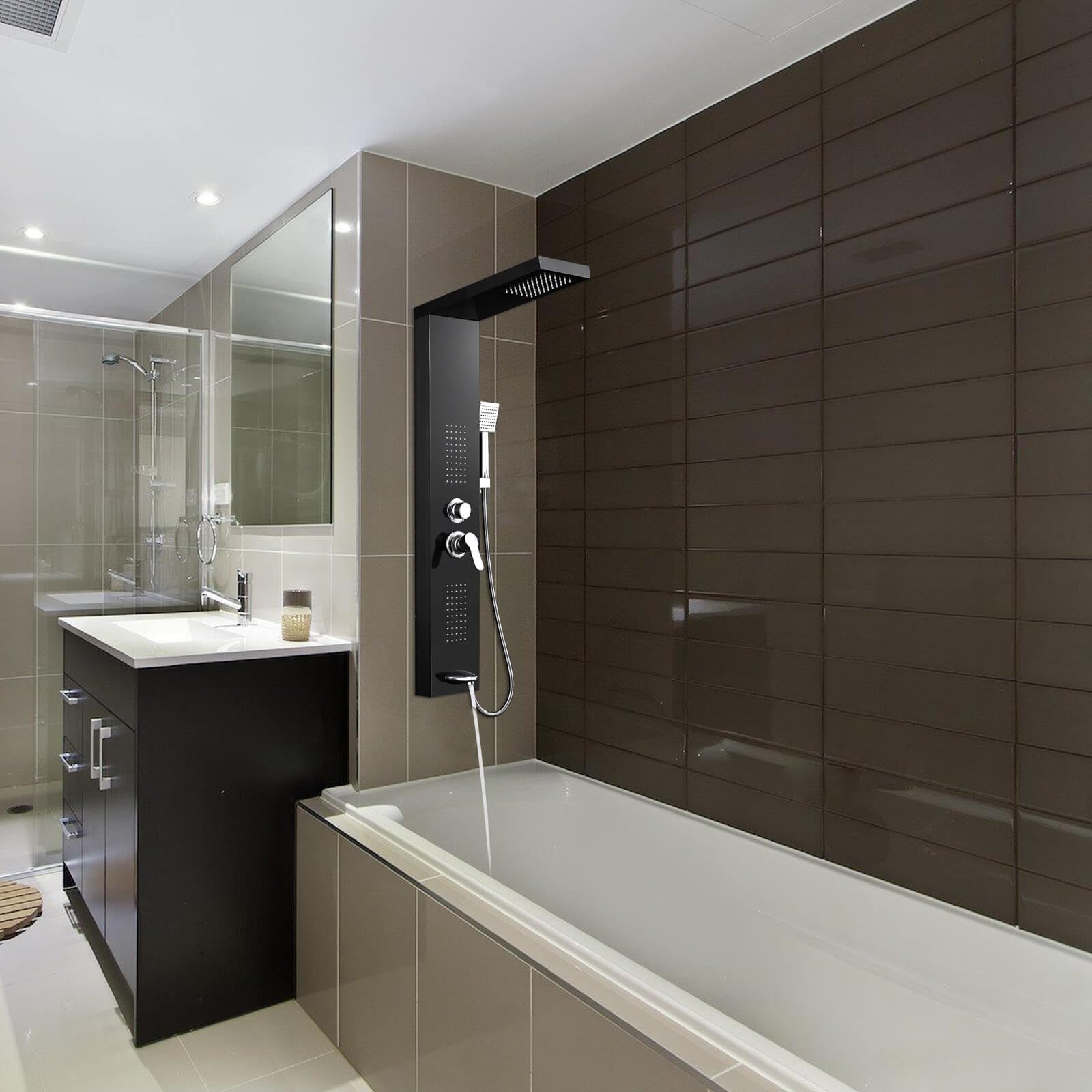 ROVOGO 46.5 Inch Black Stainless Steel Shower Panel Tower System - Rainfall Showerhead, 6 Body Jets, Handheld Spray & Tub Spout - High Pressure Bathroom Upgrade for Spa-Like Experience | Perfect for Master Bath, Luxury Home Renovation & Relaxation