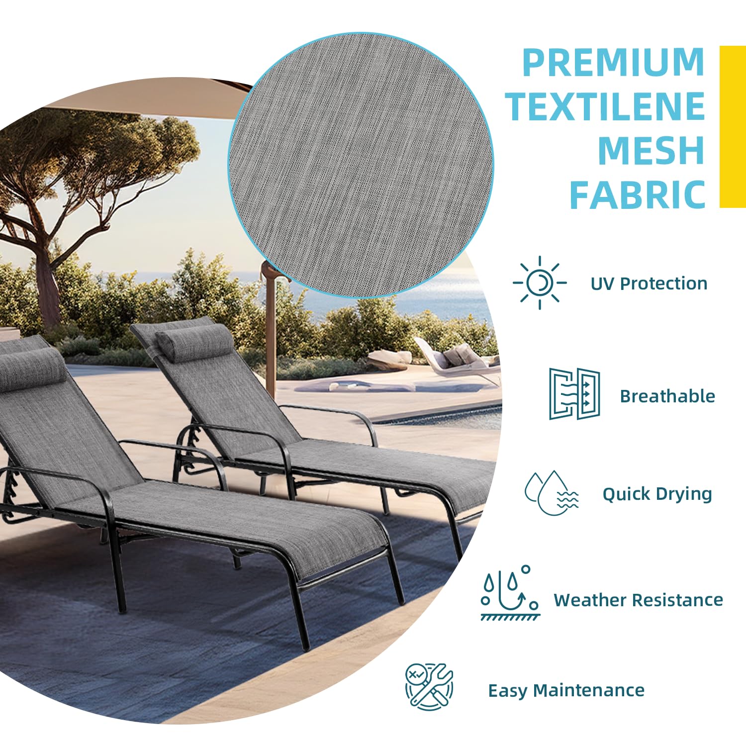 EROMMY Patio Chaise Lounge Set of 2 - Grey Outdoor Lounge Chairs for Poolside, Garden & Backyard Relaxation | Weather-Resistant Patio Furniture