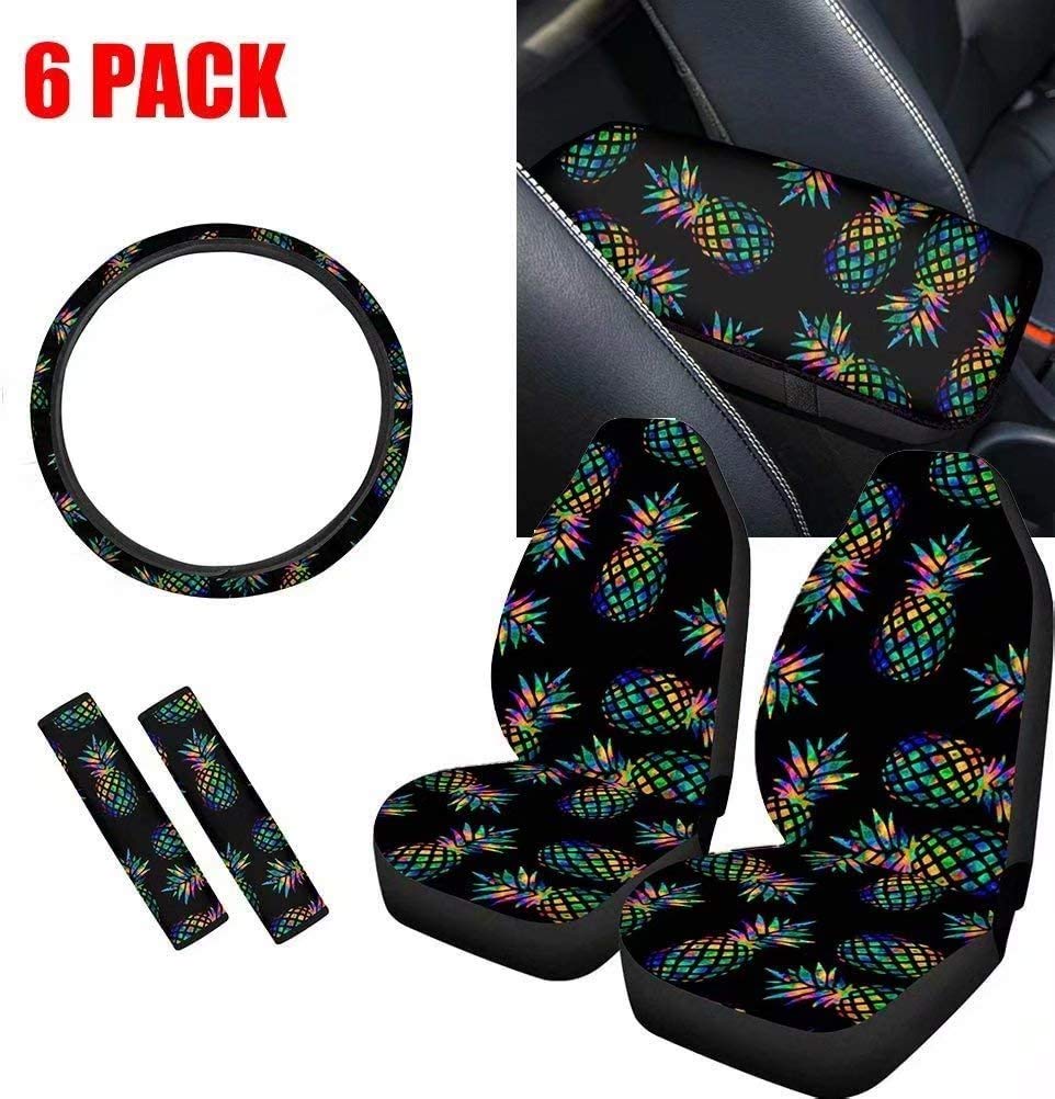 Premium Black Pineapple Car Seat Covers Set - Front Seat Covers with Steering Wheel Cover, Seat Belt Pads & Center Console Armrest Cover for Women | Comfort & Style for Daily Commute, Road Trips & Car Protection