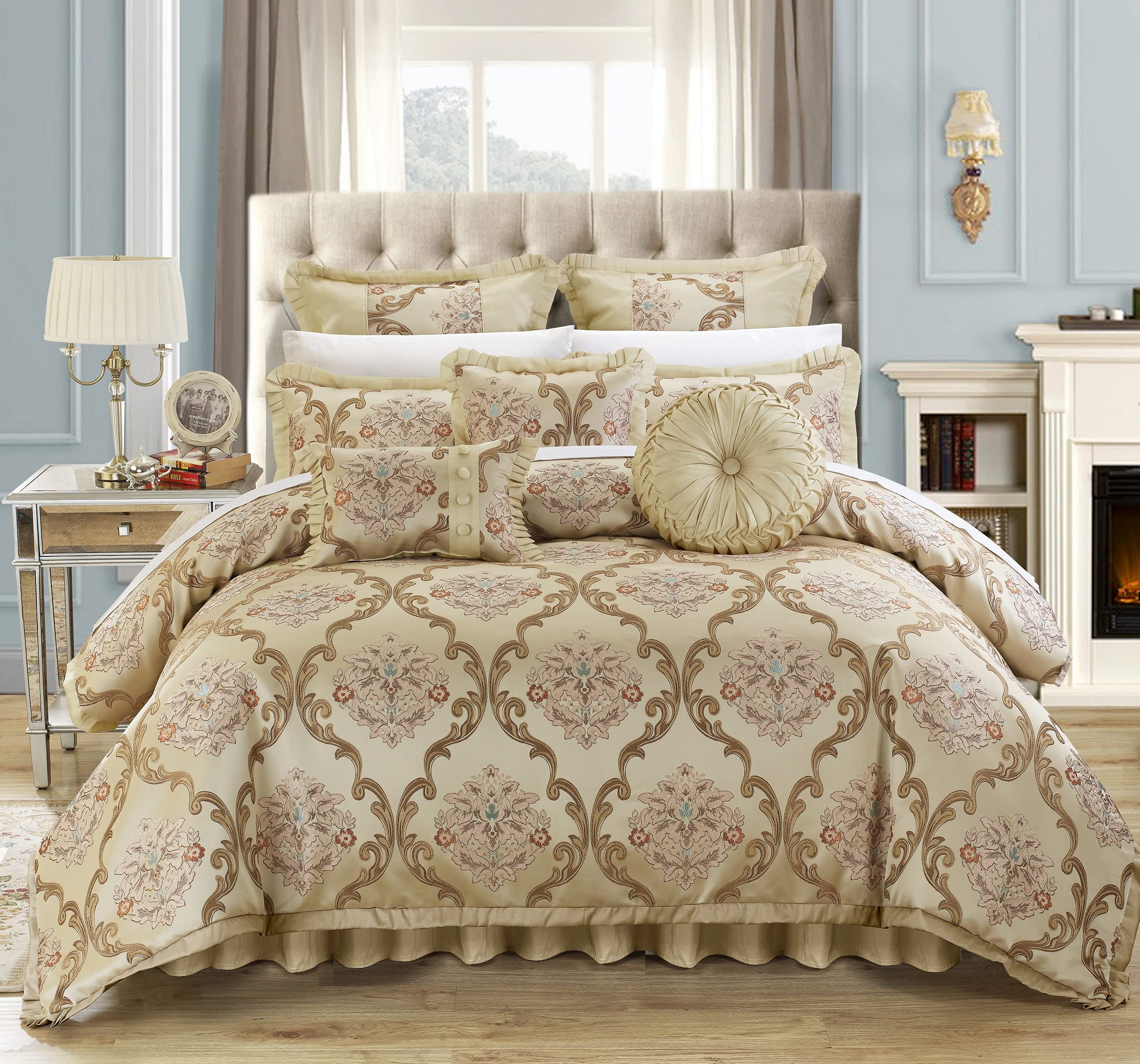Chic Home Aubrey King Size Comforter Set with Bed Skirt, Shams & 3 Decorative Pillows - Hypoallergenic Jacquard Bedding in Beige | Perfect for Master Bedroom, Guest Room & Luxury Hotel Decor