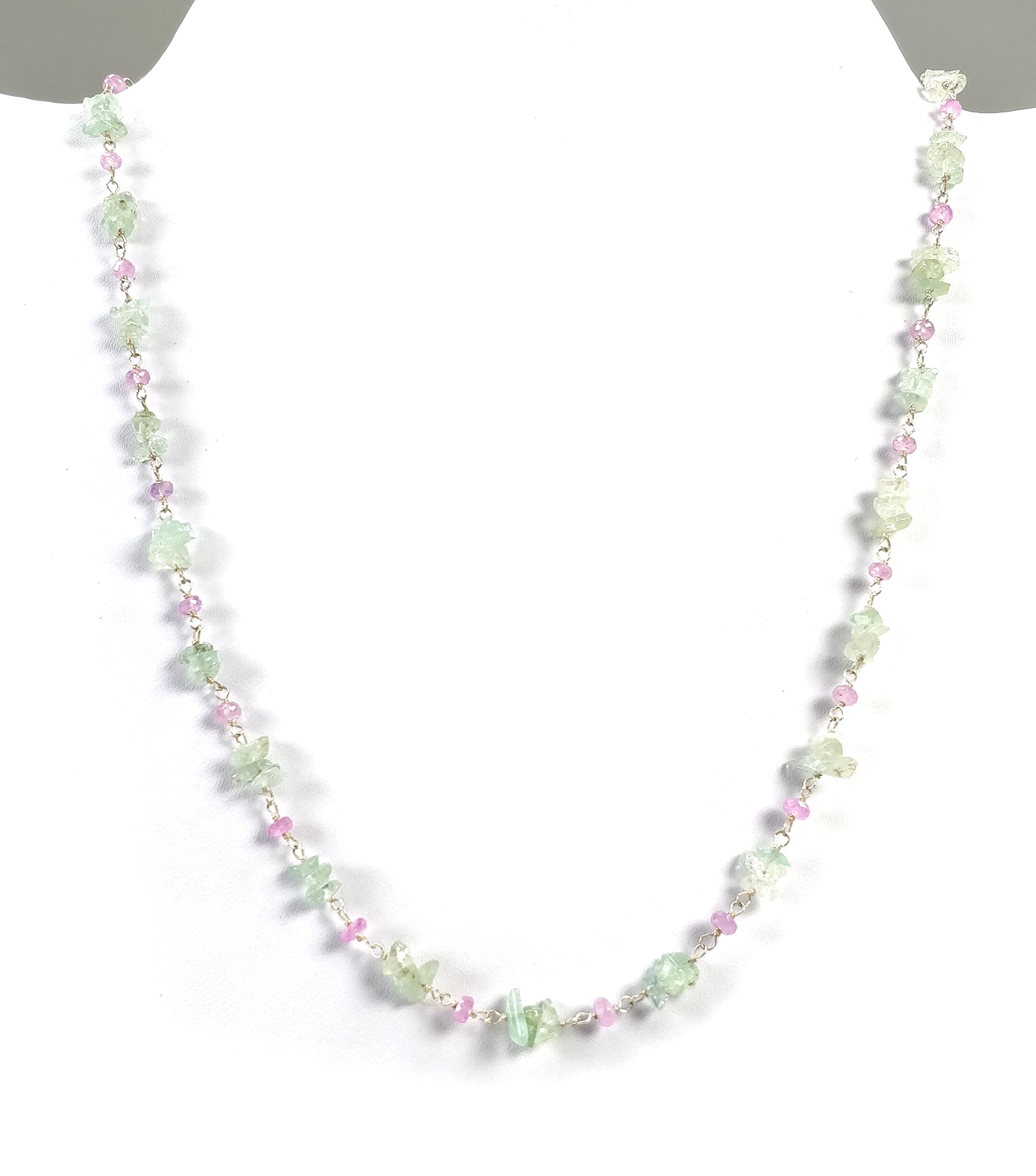 925 Sterling Silver Emerald & Pink Sapphire Gemstone Beaded Chain Necklace – Natural Uncut 18