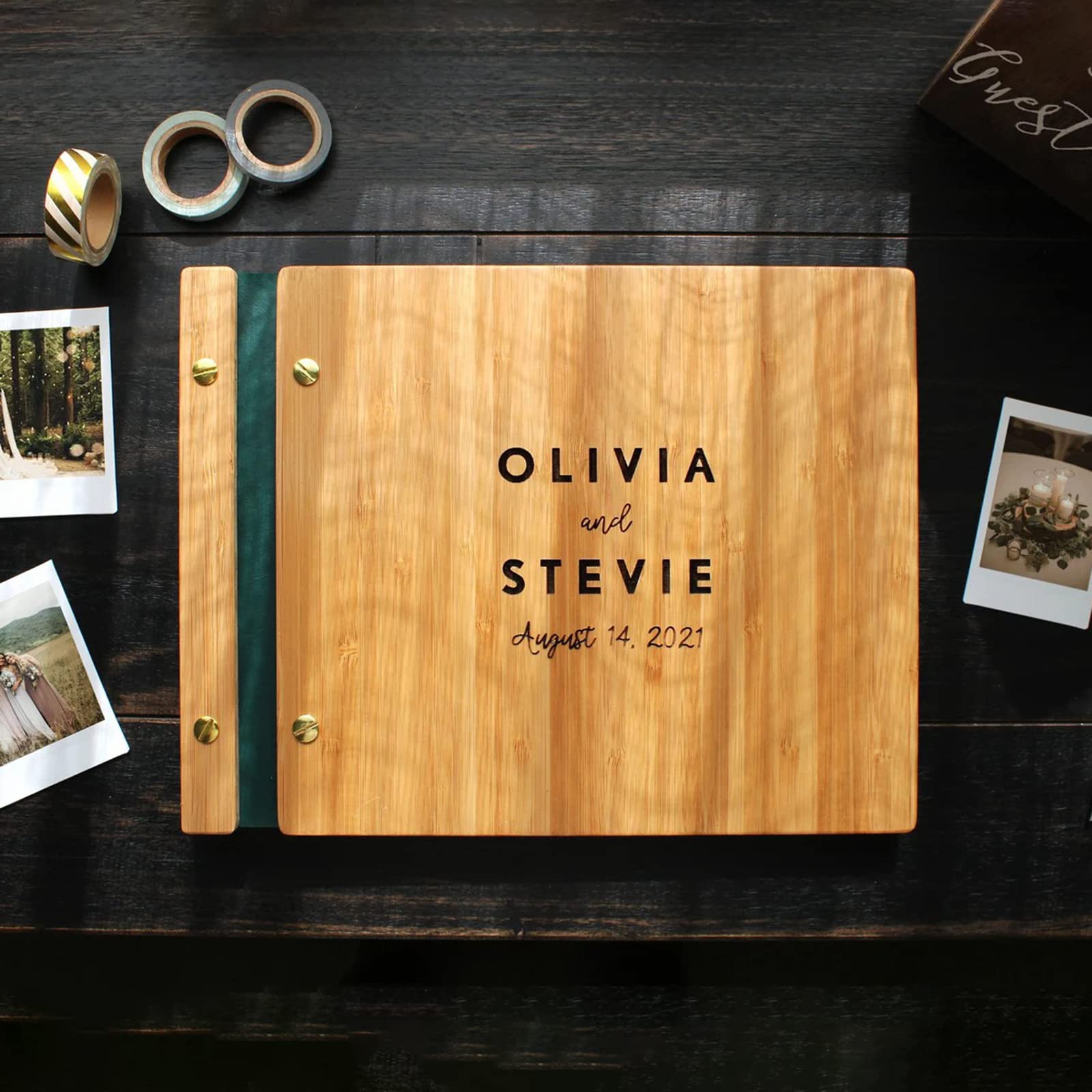 Personalized Wedding Guest Book - Custom Bamboo Wooden Guest Book with Leather Cover, Handmade Photo Album for Wedding Reception & Photo Booth - Perfect for Rustic, Vintage or Outdoor Weddings