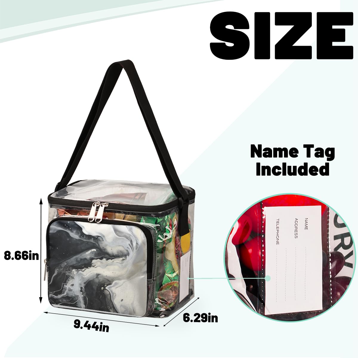 GzLeyigou Marble Print Clear Tote Bag with Handles - Black & White Marble Pattern Transparent Crossbody Shoulder Bag for Women | Perfect for Lunch, Outdoor Travel, Picnic, Concerts & Sports Events | Stadium Approved Multipurpose Purse