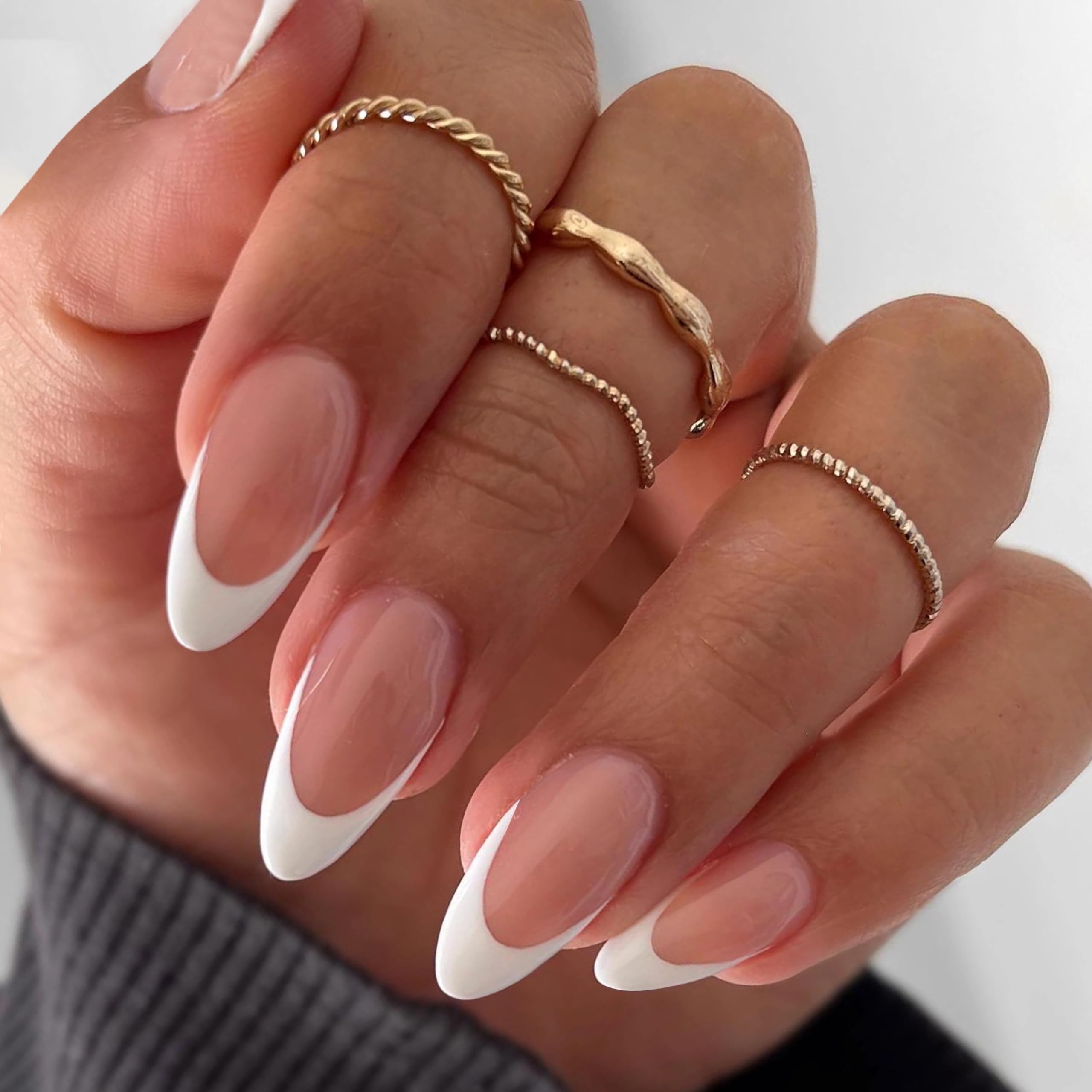 Almond Press on Nails - Brown Nude French Fake Nails Medium Length, Glossy Full Cover Glue on Nails for Women, Natural Fit Acrylic Stick on Nails in 12 Sizes (24-Piece Kit) - Perfect for Daily Wear, Parties, Weddings & Special Occasions