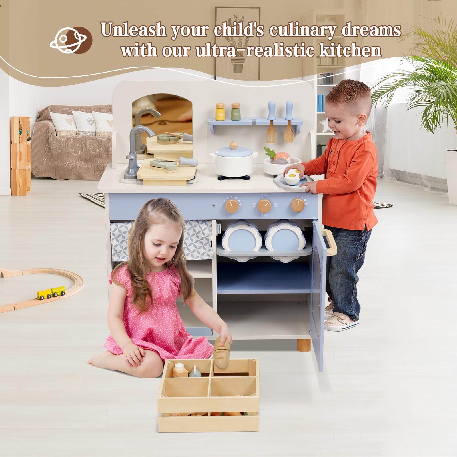 **Wooden Play Kitchen Set for Kids - 32Pcs Pretend Play Food & Accessories, Stove & Sink - Educational Toy for Toddlers Ages 3+ - Perfect for Role Play, Birthday Gifts & Preschool Learning**
