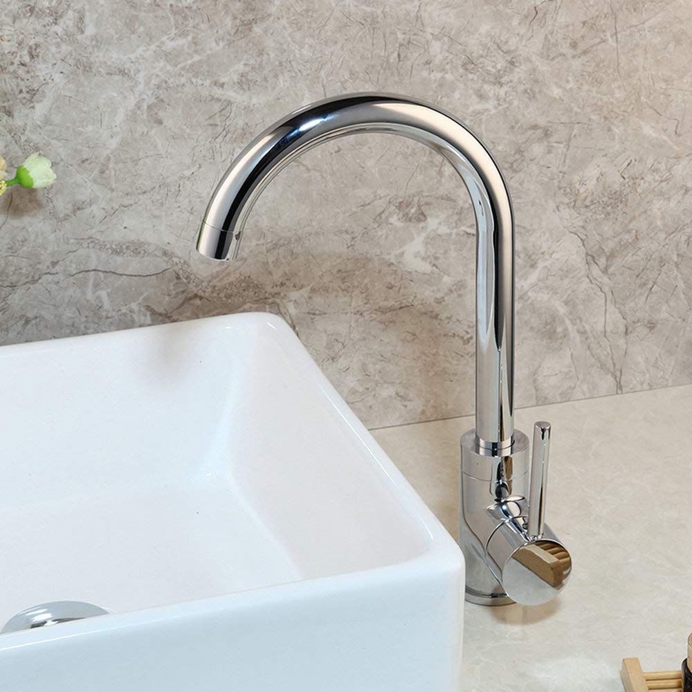 Premium Stainless Steel Single Handle Deck Mounted Kitchen & Bathroom Faucet - Chrome Polished Hot & Cold Water Mixer Tap for Modern Home Sinks (Perfect for Cooking, Washing Dishes & Personal Hygiene)