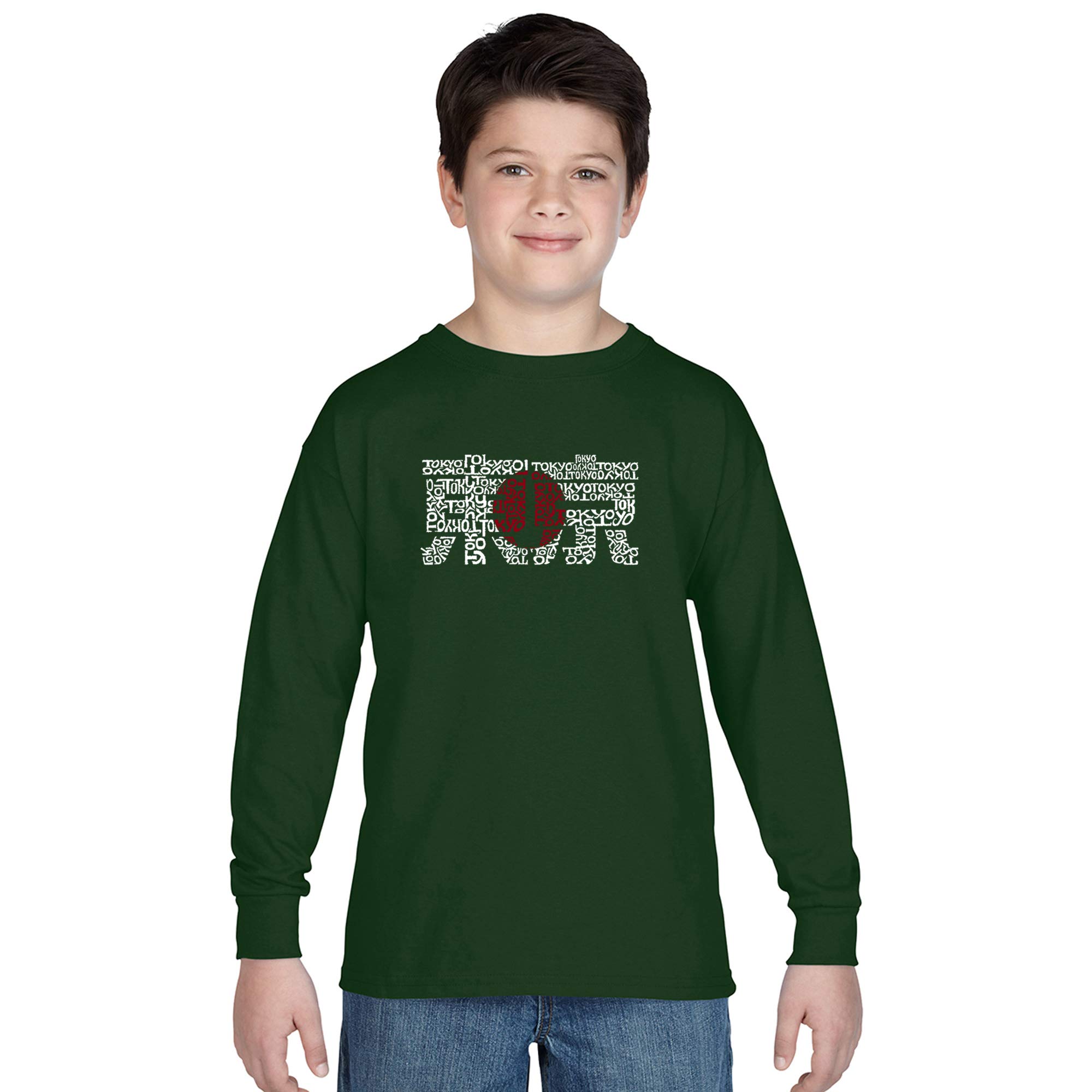 LA Pop Art Boy's Word Art Long Sleeve T-Shirt - Tokyo Sun Design | Trendy Graphic Tee for Boys | Streetwear Fashion & Casual Wear