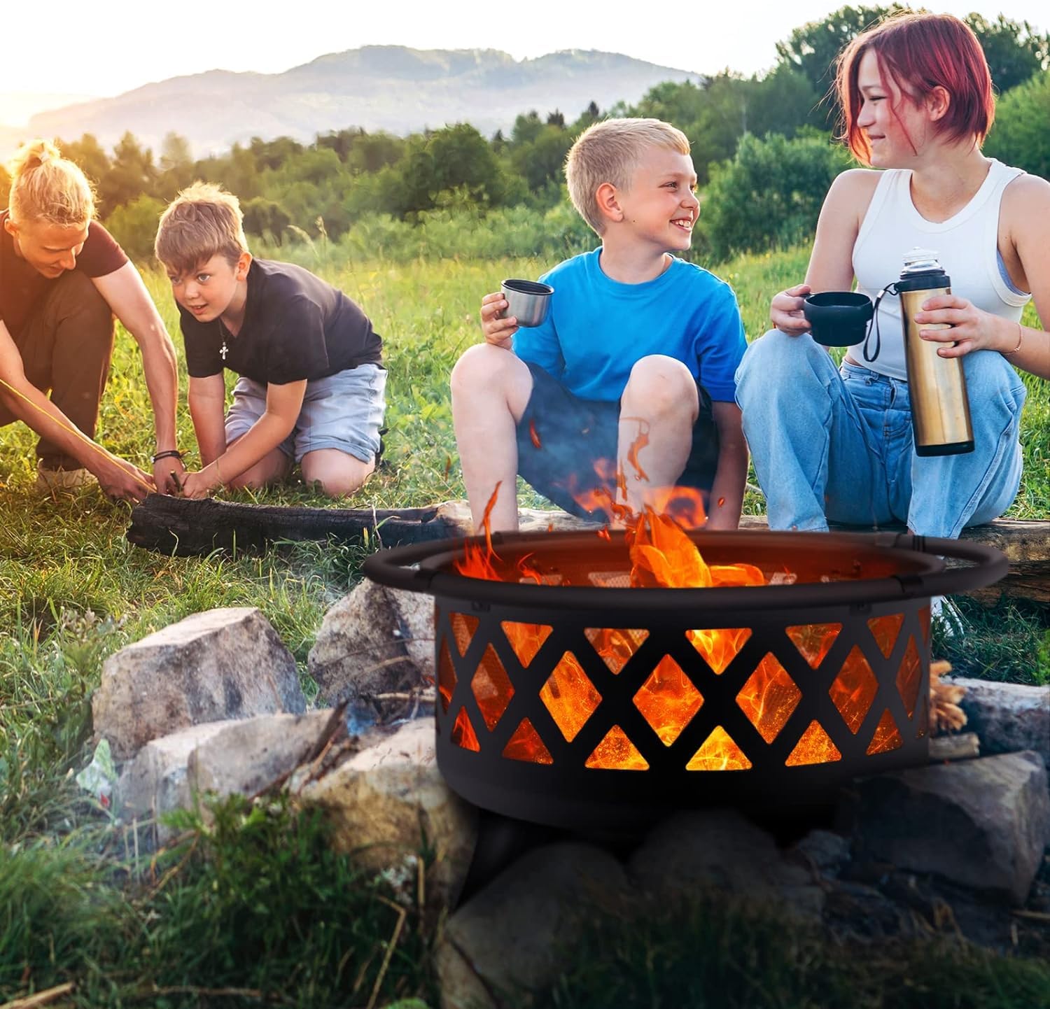 GARVEE 30-Inch Wood Burning Fire Pit with Grill & Spark Screen - Outdoor Backyard Camping, Patio, Garden, BBQ Cooking & Bonfire Nights