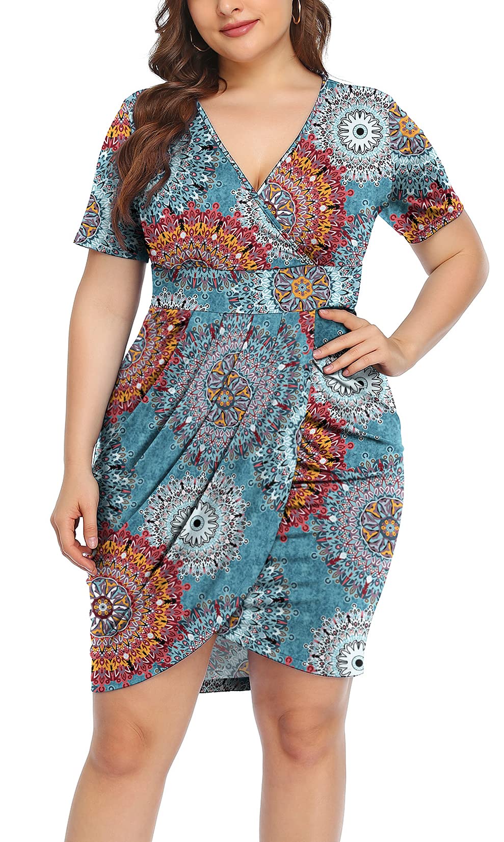 POSESHE Women's Plus Size Short Sleeve Deep V Neck Bodycon Wrap Dress with Front Slit - Sexy Casual & Party Outfit for Date Night, Club Wear and Summer Vacation