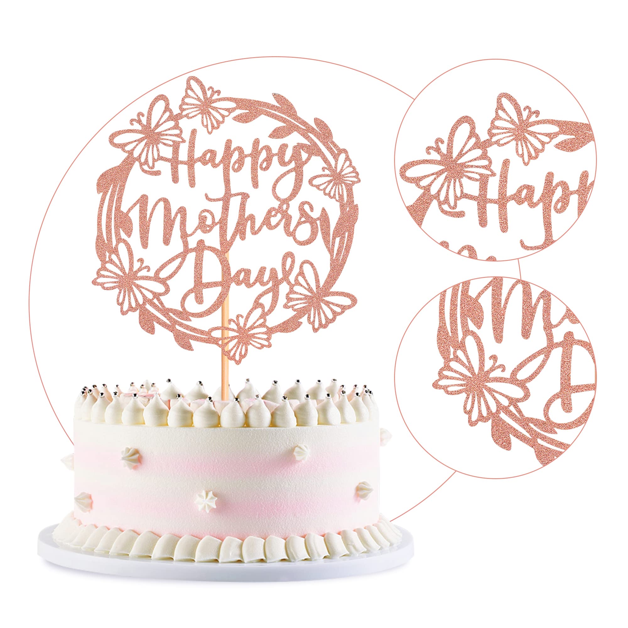 Happy Mother's Day Cake Topper - Glitter Letter Mom Cake Decoration with Rose Gold Butterfly for Birthday Party, Wedding, Baby Shower & Special Celebrations