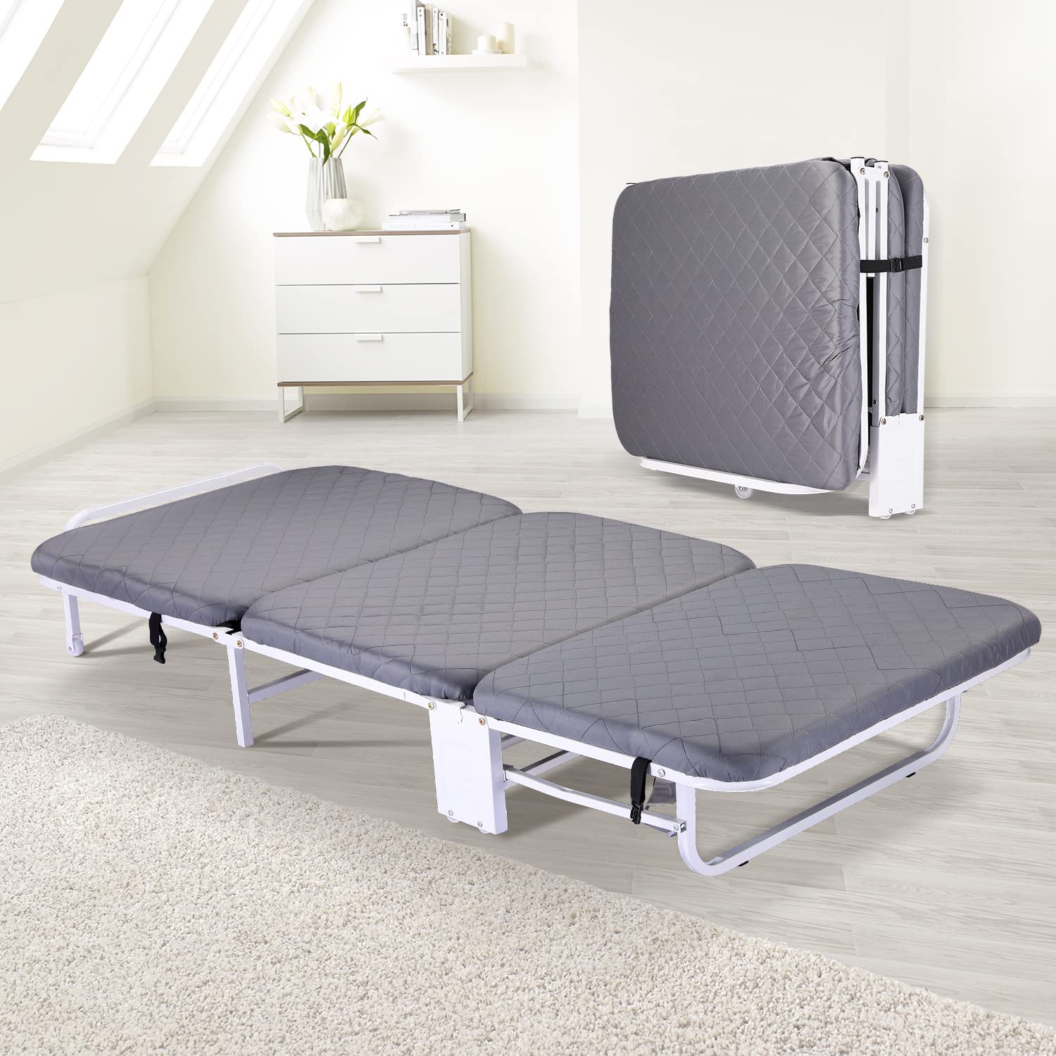 Foldable Guest Bed with Mattress - Portable Folding Bed for Adults, Sturdy Frame Rollaway Cot with Wheels, Adjustable Headrest - Perfect for Spare Room, Sleepovers & Camping Trips