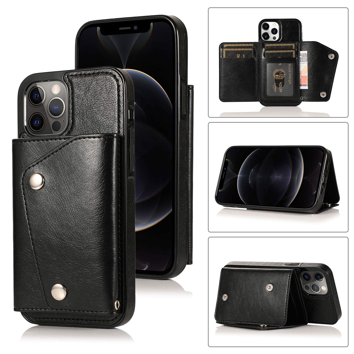LUVI iPhone 13 Pro Max Wallet Case with Card Holder - PU Leather Flip Cover with Kickstand, Crossbody Neck Strap & Wrist Strap - Perfect for Women's Handbag & Purse (Black) | Ideal for Travel, Shopping & Everyday Use