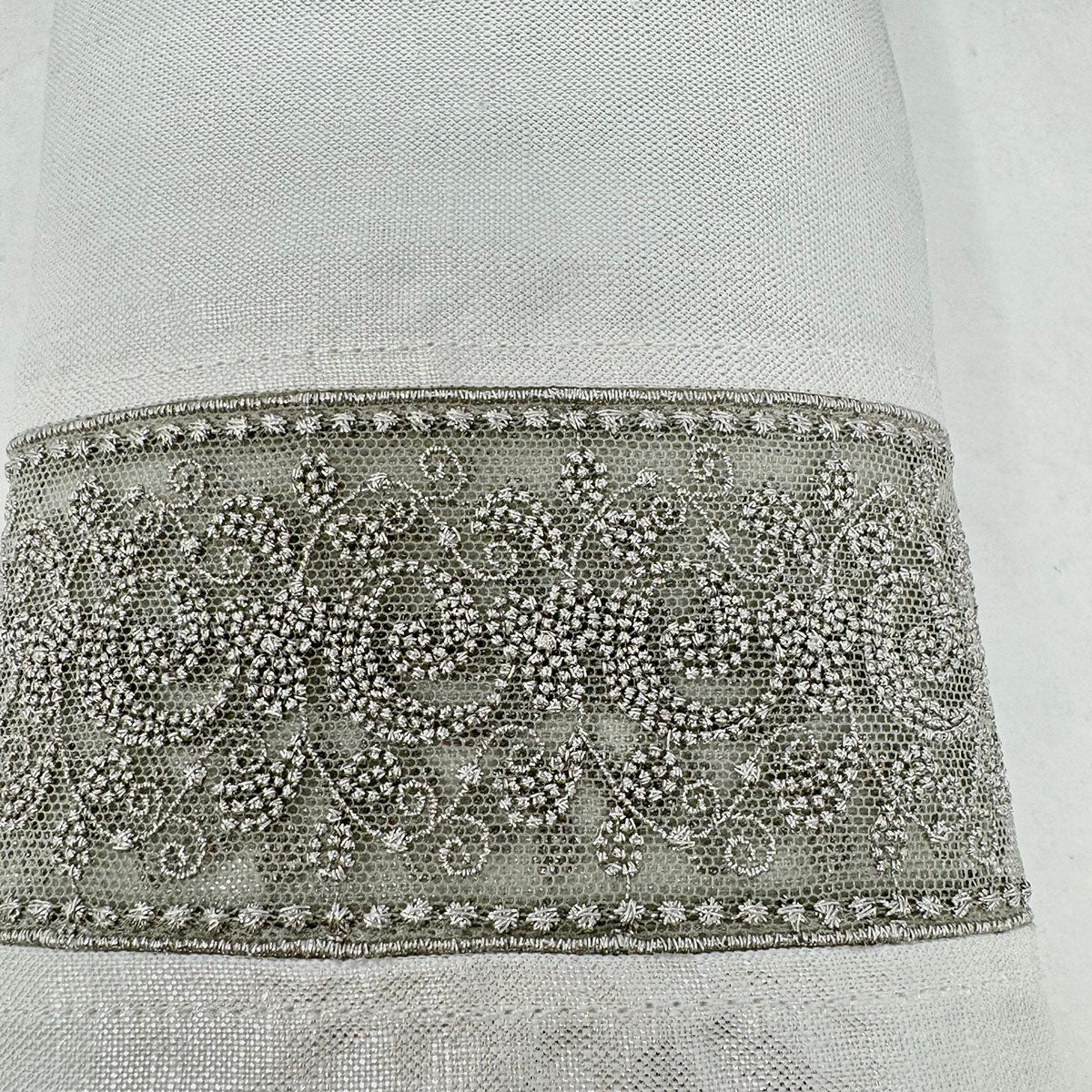 Set of 6 Iridescent Cream Linen Napkins with Silver Lace Embroidery - Elegant Dinner Party, Wedding, and Holiday Table Decor