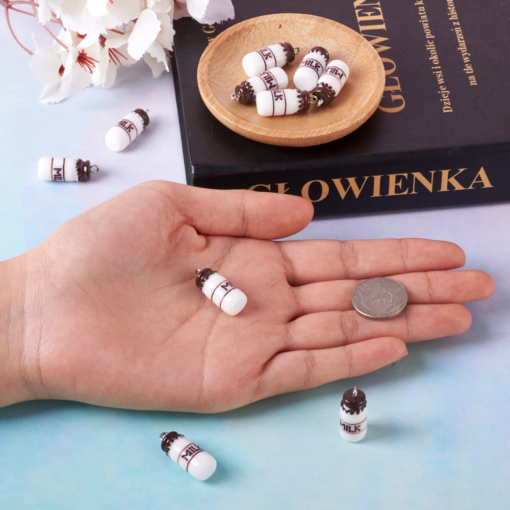 10pcs White Milk Bottle Resin Charms - 24x10mm Cute Dangle Pendants with Metal Loops for DIY Jewelry Making, Earrings, Bracelets, Necklaces - Perfect for Crafting, Gifts & Kawaii Accessories