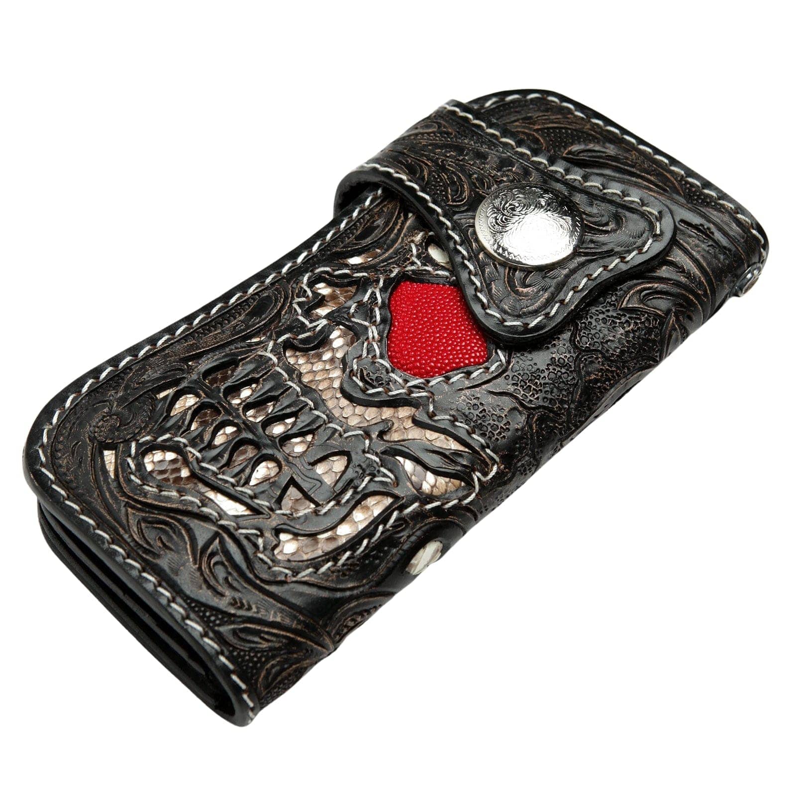 Skull Carved Genuine Leather Large Biker Wallet for Men - Premium Motorcycle Wallet with RFID Protection - Perfect for Bikers, Riders & Motorcycle Enthusiasts