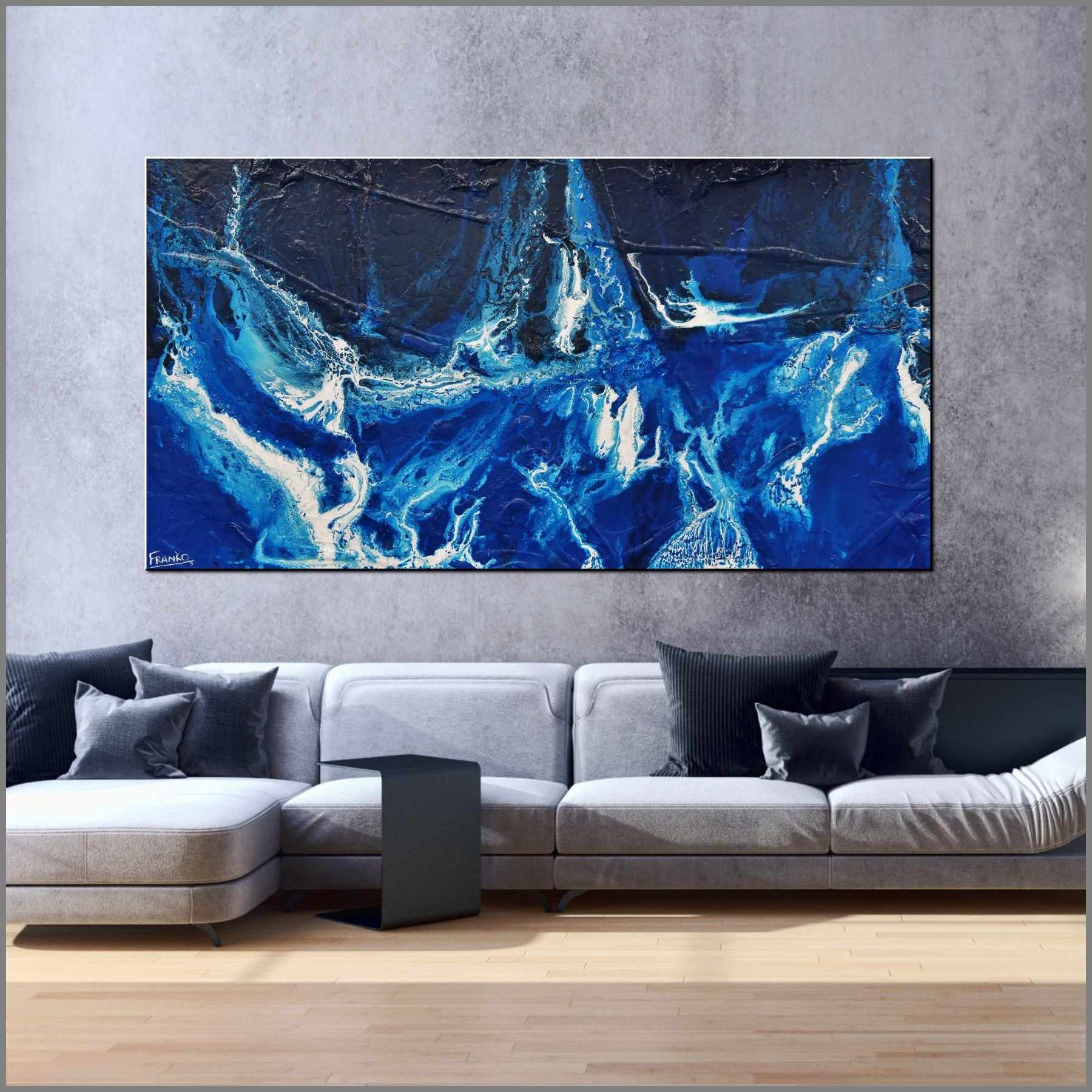 Midnight Sapphire 190cm x 100cm Blue White Textured Abstract Canvas Art - Modern Wall Decor for Living Room, Bedroom & Office