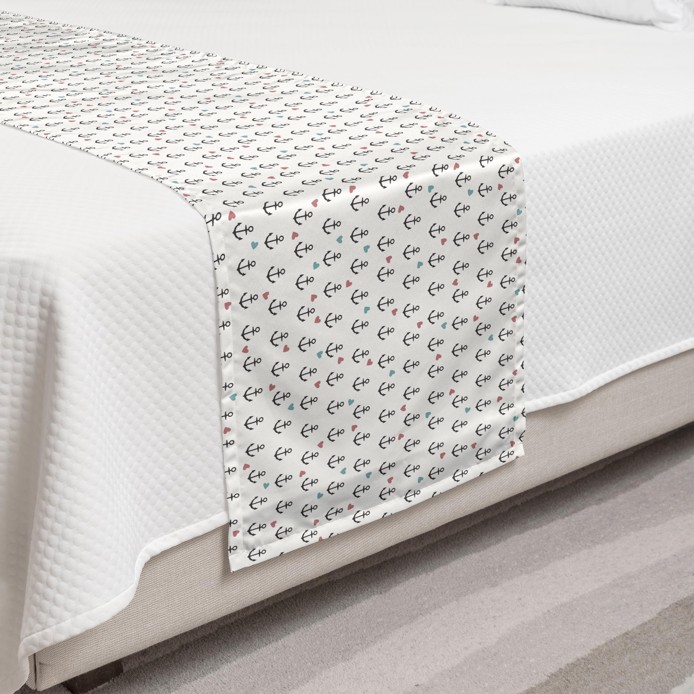 Ambesonne Anchor Bed Runner - Nautical Themed Decorative Bedding Scarf with Anchors and Colored Hearts Design in Eggshell Charcoal Grey | Perfect for Coastal Bedroom Decor, Beach House Styling, and Hotel Guestroom Accents