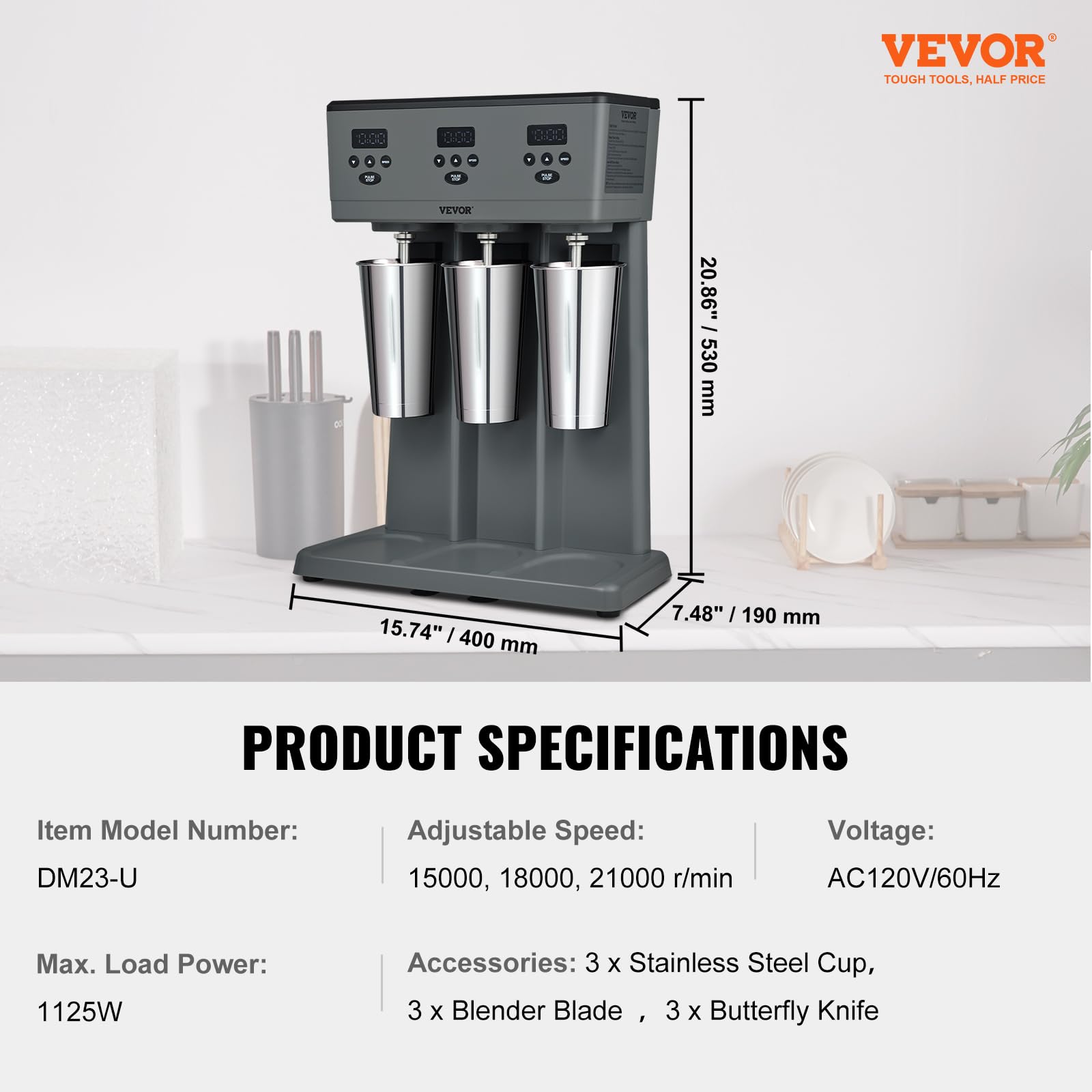 VEVOR Commercial Triple Head Milkshake Maker - 375W Electric Drink Mixer Blender with 3 Speeds, LED Display & Microswitch, Includes 3 x 820ml Stainless Steel Cups - Perfect for Restaurants, Cafes, Ice Cream Shops & Smoothie Bars