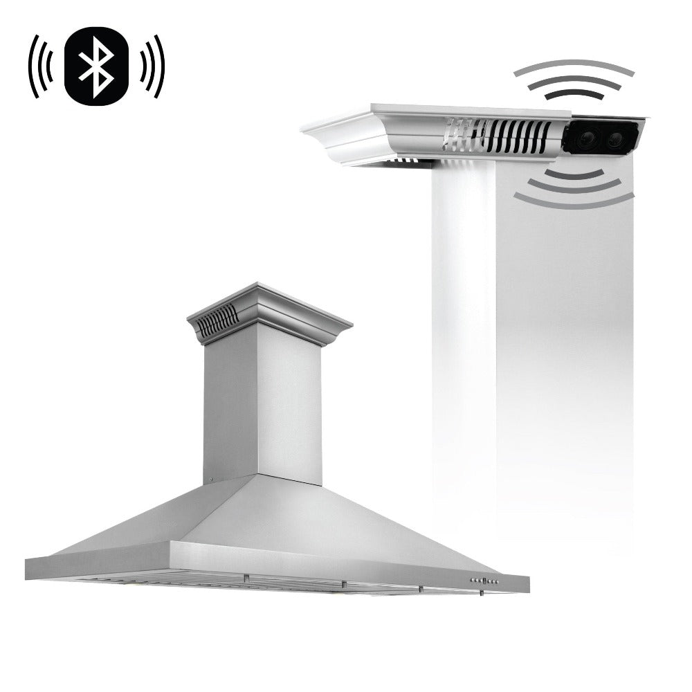 ZLINE Stainless Steel Ducted Vent Wall Mount Range Hood with Built-in CrownSound Bluetooth Speakers (KBCRN BT) - Perfect for Modern Kitchens & Open-Concept Living Spaces