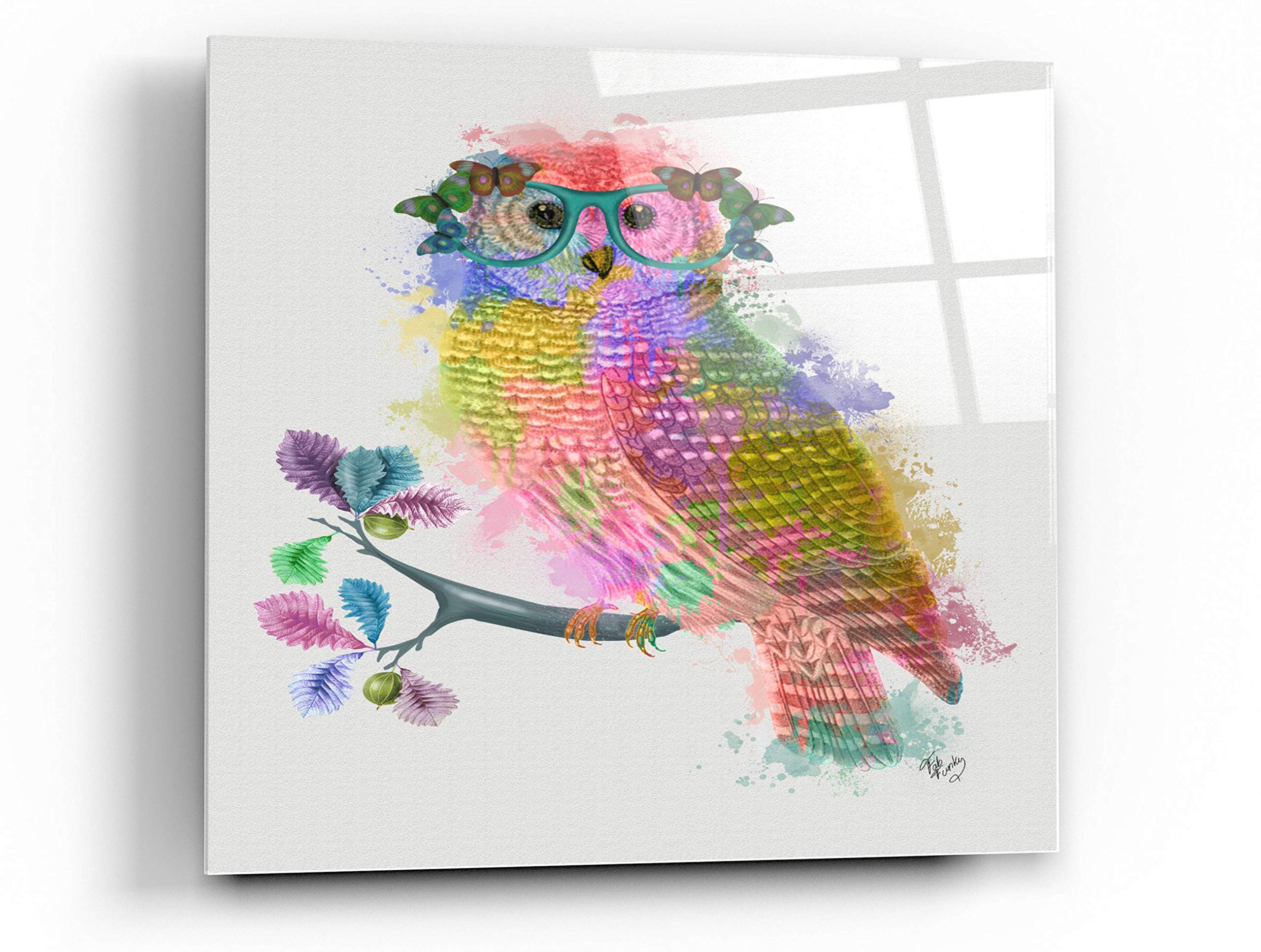 Epic 'Rainbow Splash Owl' Acrylic Glass Wall Art by Fab Funky - 36x36 Inches Modern Home Decor for Living Room, Bedroom & Office