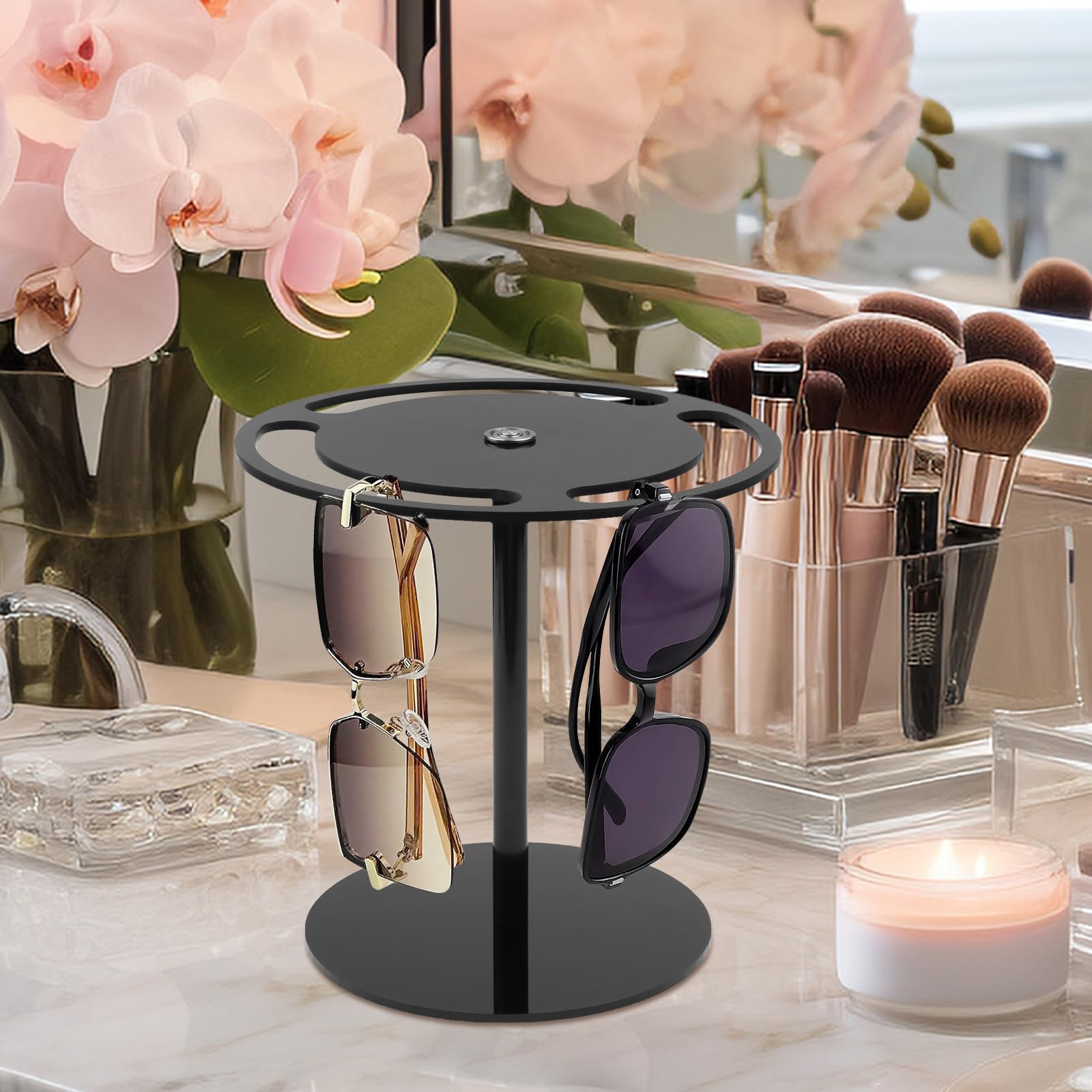 360° Rotating Acrylic Sunglasses Holder Stand - Black Eyeglass Organizer & Display Rack for Desk, Dresser, Tabletop | Perfect for Home, Office, Retail Store Eyewear Display