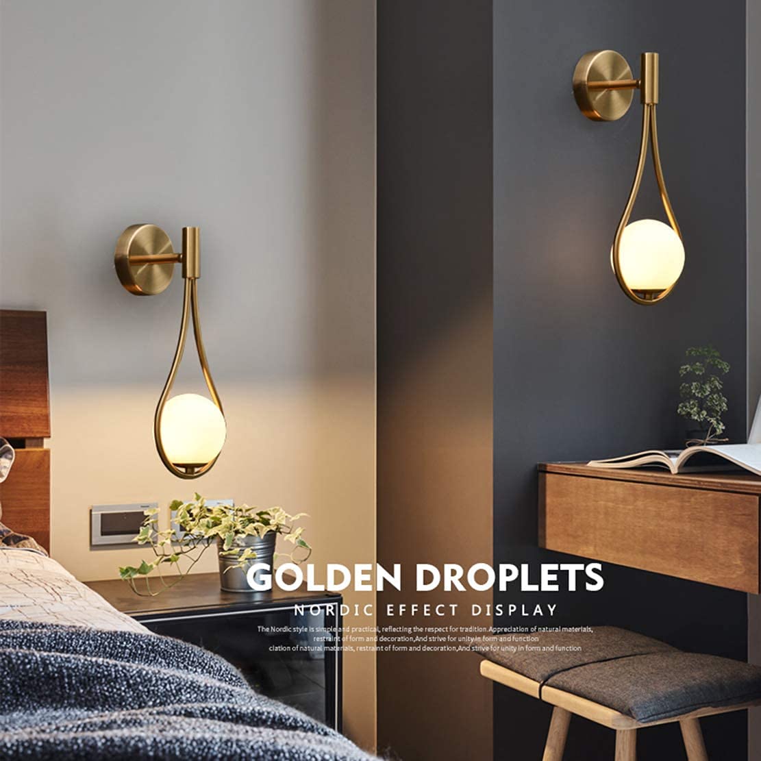 2 Pack Gold Glass Globe Wall Sconces - Mid-Century Modern Water Drop Wall Lights for Bedroom, Living Room & Hallway - Elegant Home Decor Lighting Fixtures