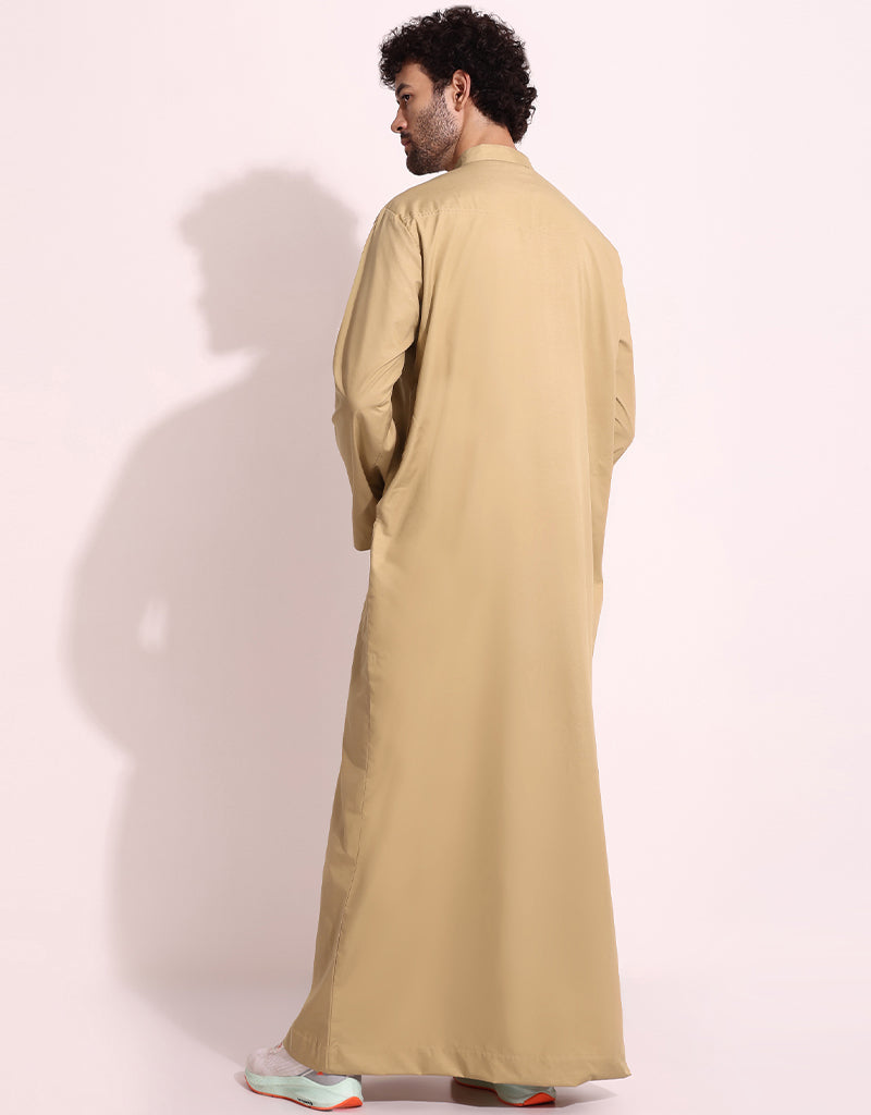 Premium Beige Thobes for Men - Soft Mulberry Cotton Digital Printed Islamic Robe - Perfect for Prayer, Work & Special Occasions