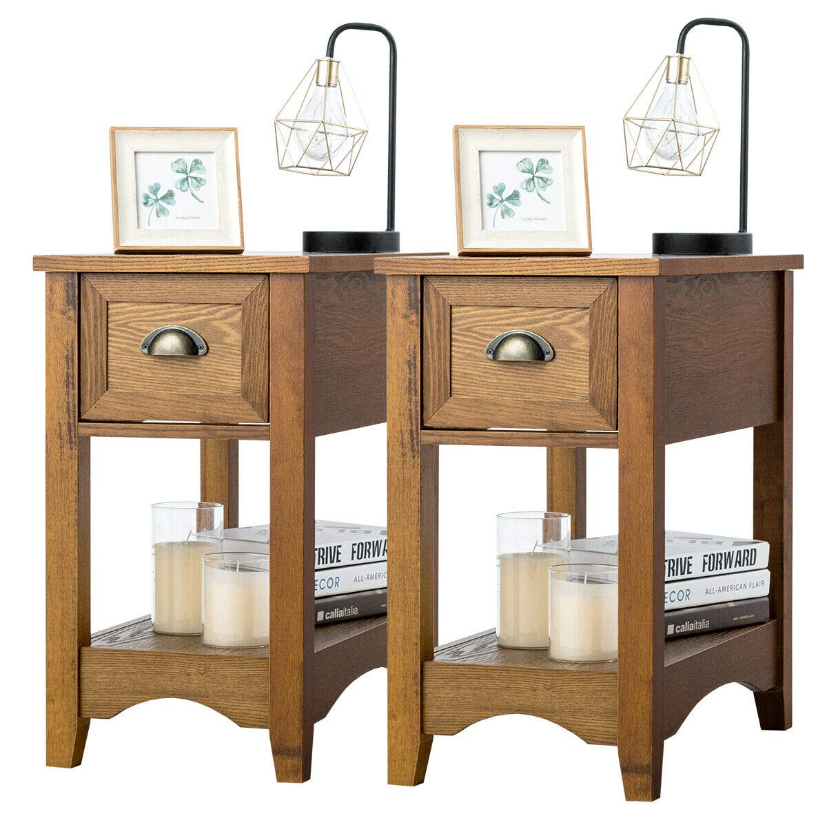 Giantex Retro Narrow End Table with Drawer & Storage Shelf - Solid Wood Nightstand for Bedroom, Living Room, Home Office - Small Space Furniture for Apartment, Dorm, Studio (2-Pack, Tawny)