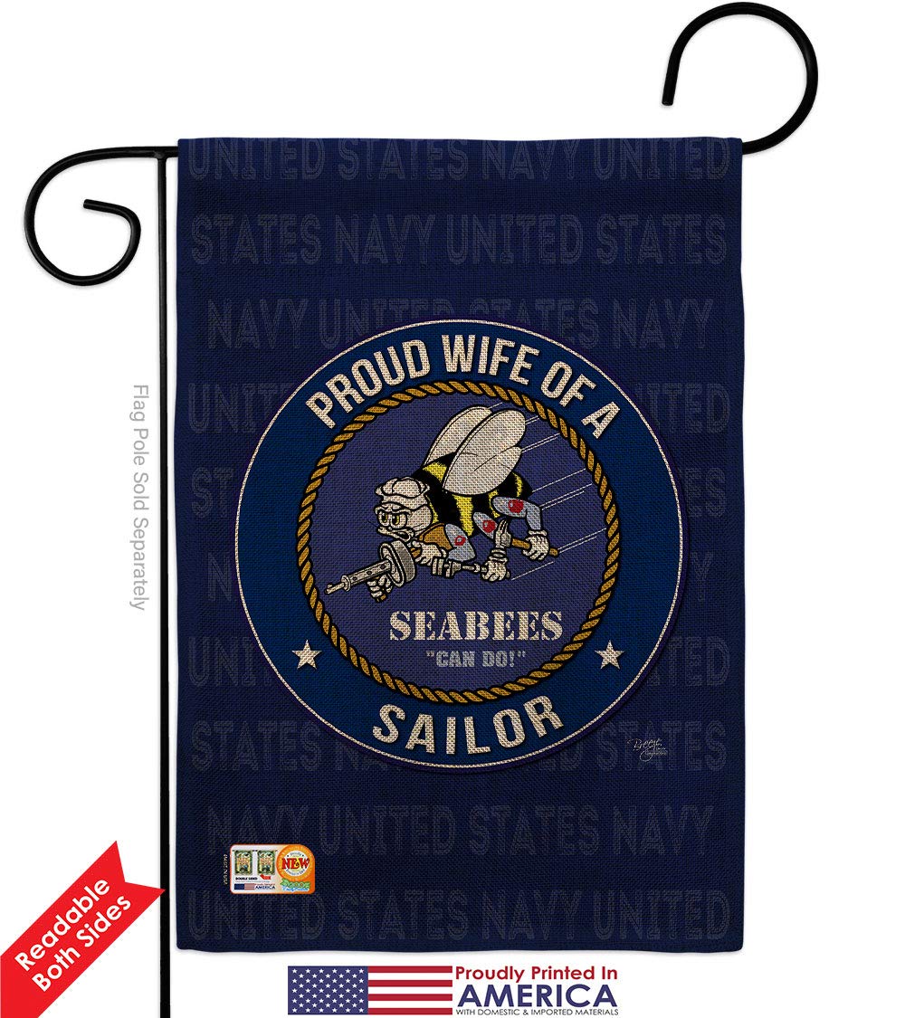Double-Sided USA Made Seabees Navy Garden Flag Kit - 28x40 Inch Armed Forces Military Veteran Yard Banner, Proud Wife Sailor Burlap House Flag, USN Seabee Retiree Official Small Gift - Perfect for Patriotic Home Decor, Front Yard Display & Military Appreciation Events