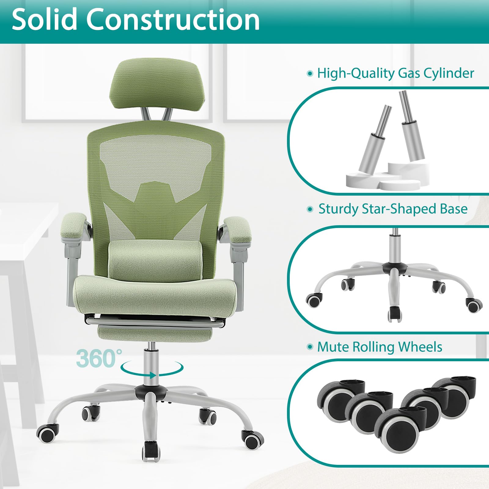 DUMOS Ergonomic High-Back Mesh Office Chair with Adjustable Footrest - Rolling Swivel Reclining Desk Chair with Wheels, Headrest & Lumbar Support - Comfortable for Home Office, Gaming, Studying - Green