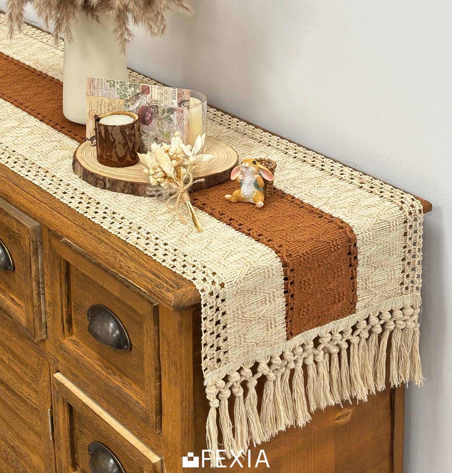 FEXIA 90 Inch Macrame Table Runner with Tassels - Bohemian Farmhouse Style Dining Decor for Wedding, Bridal Shower & Party | Rustic Brown (12x90 Inches) | Perfect for Boho Chic Home, Outdoor Picnics & Holiday Tablescapes