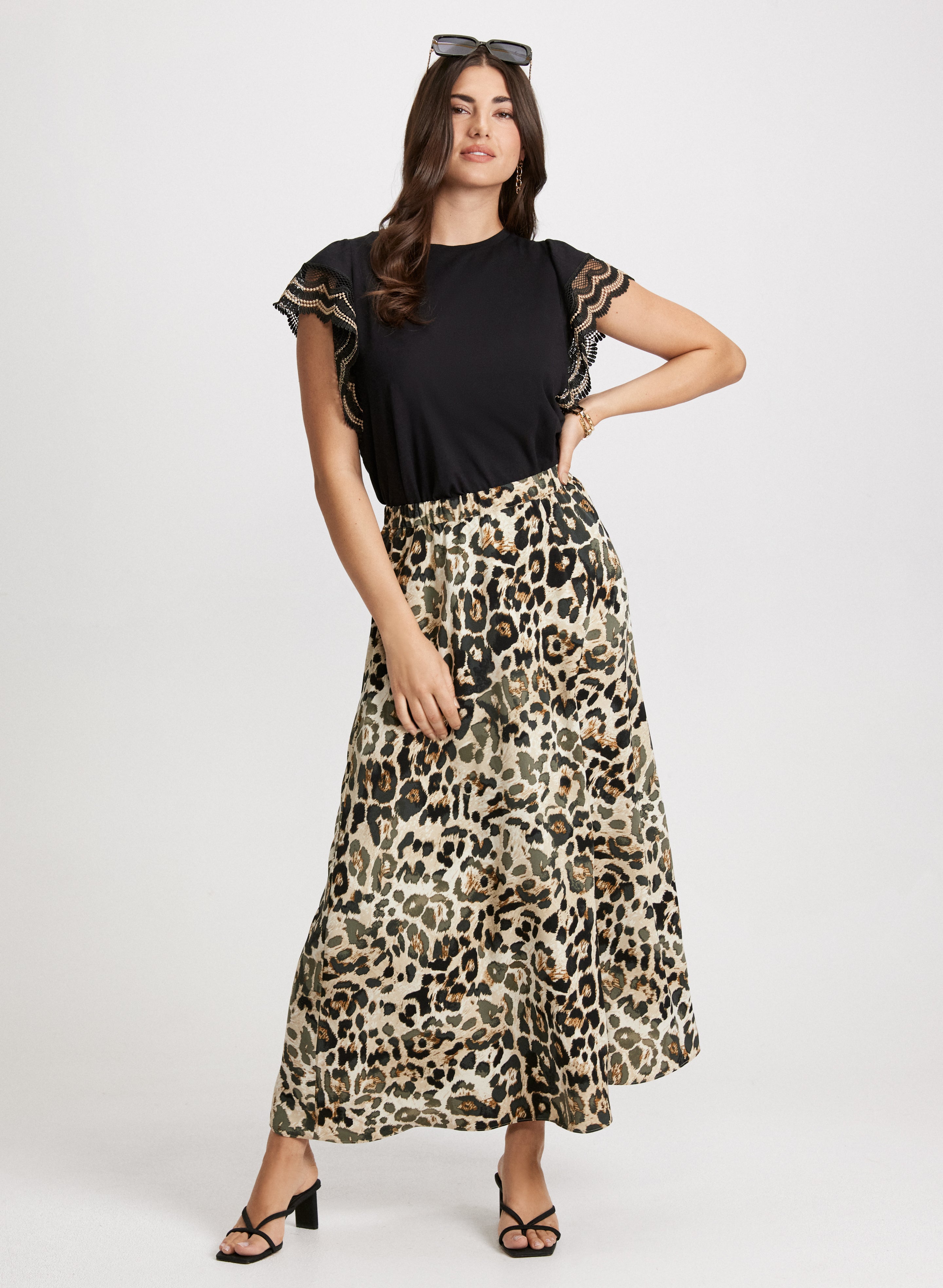 Crochet Trim T-Shirt & Long Leopard Print Skirt Set - Women's Boho Chic Outfit for Casual Wear, Date Night, and Summer Fashion