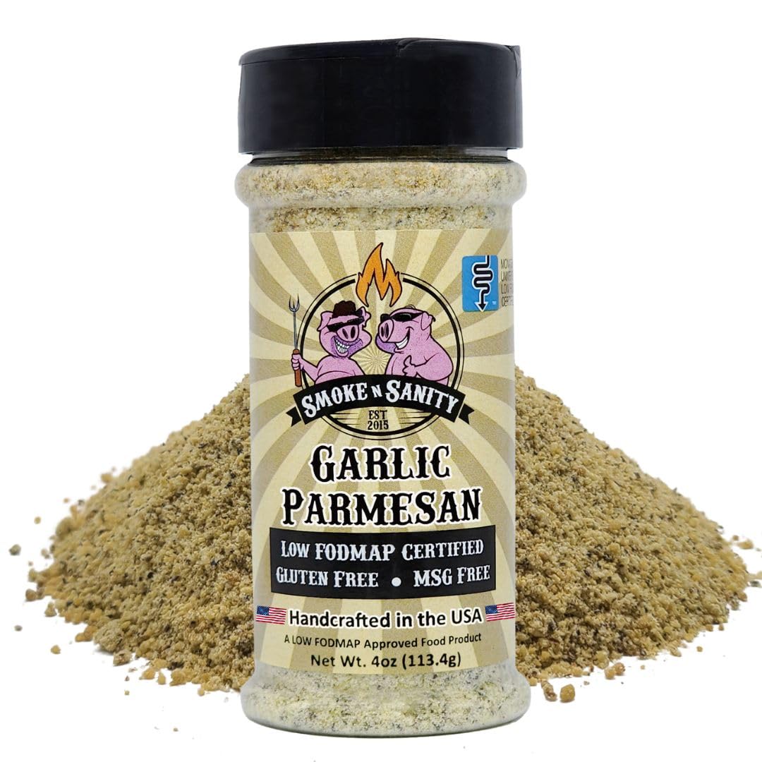 Smoke n Sanity Garlic Parmesan Seasoning - Monash Certified Low FODMAP, Gluten Free & Sensitive Stomach Friendly - 4.0 oz Shaker - Perfect for Pasta, Pizza & Low FODMAP Diet Cooking