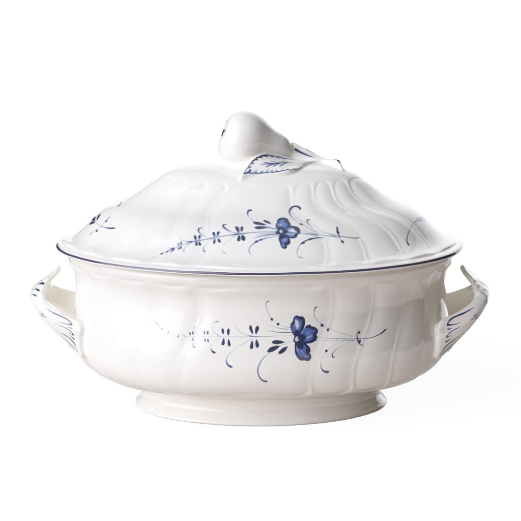 Villeroy & Boch Vieux Luxembourg Oval Soup Tureen - 92 oz White & Blue Premium Porcelain Serving Bowl - Elegant Dinnerware for Formal Dining, Holiday Entertaining & Restaurant Use