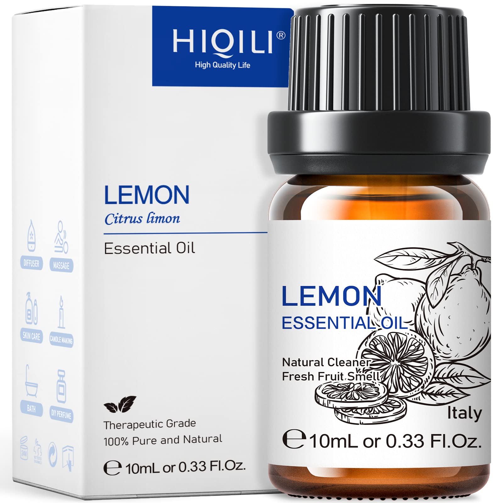 HIQILI Pure Lemon Essential Oil - 10ml (0.33 Fl Oz) for Aromatherapy, Natural Cleaning, Skin Care | Perfect for Diffusers, DIY Beauty Products & Home Freshening
