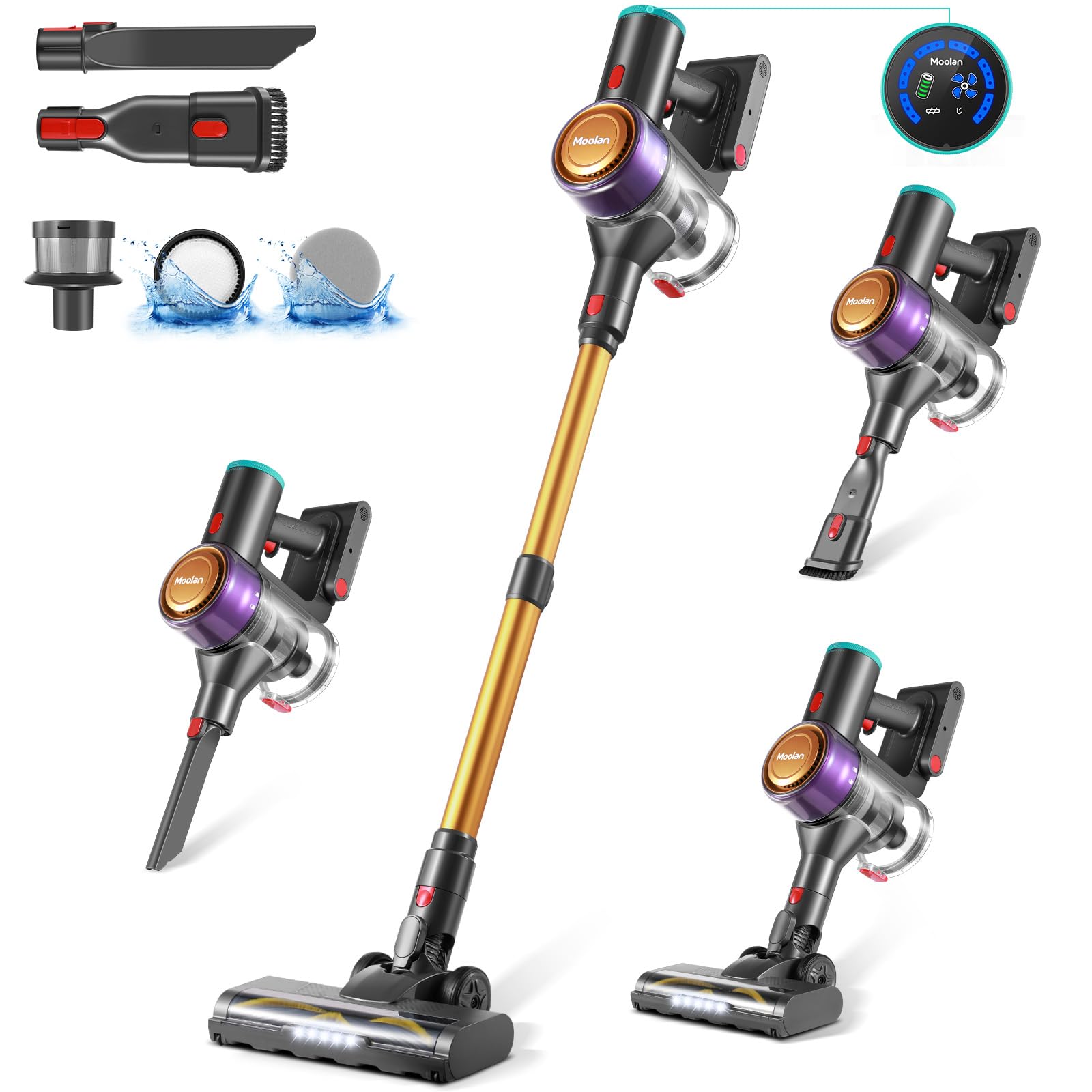 Moolan Cordless Vacuum Cleaner - 6-in-1 Stick Vacuum with Powerful Suction, Brushless Motor & LED Display - Lightweight Rechargeable Vacuum for Hard Floors, Carpets & Pet Hair - Perfect for Home Cleaning & Pet Owners
