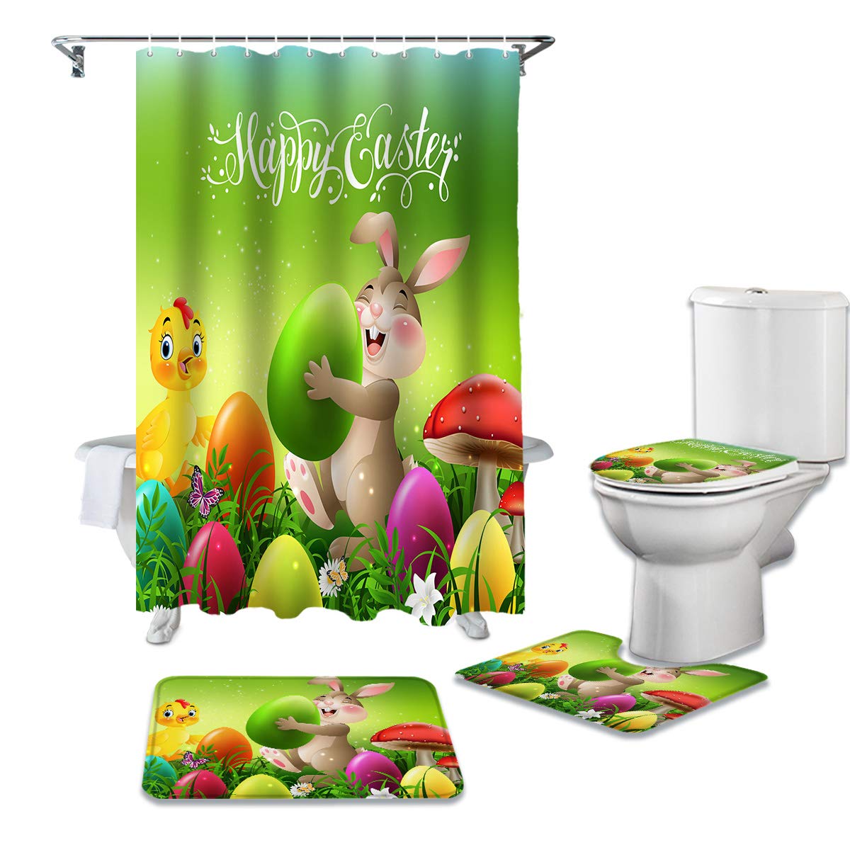 Happy Easter 4-Piece Shower Curtain Set with Non-Slip Bath Mat, Toilet Lid Cover & Bathroom Rugs - Waterproof Bunny & Chick Design with Colorful Eggs - Perfect for Spring Bathroom Decor & Easter Gift Ideas