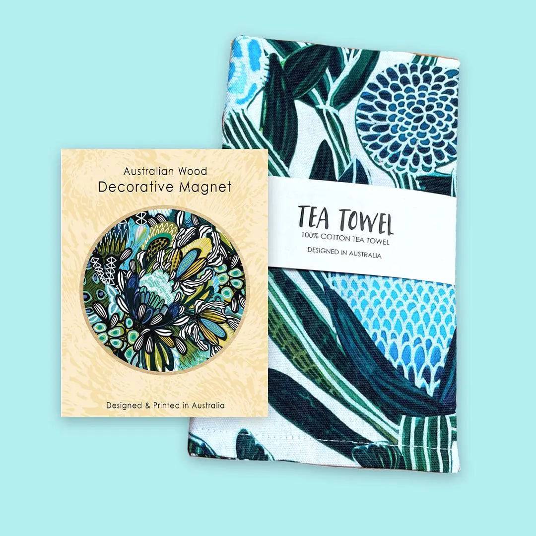 Premium Blue Banksia Tea Towel & Wooden Fridge Magnet Set - Elegant Home Decor Gift for Kitchen, Housewarming & Hostess - Perfect for Farmhouse & Coastal Style Homes