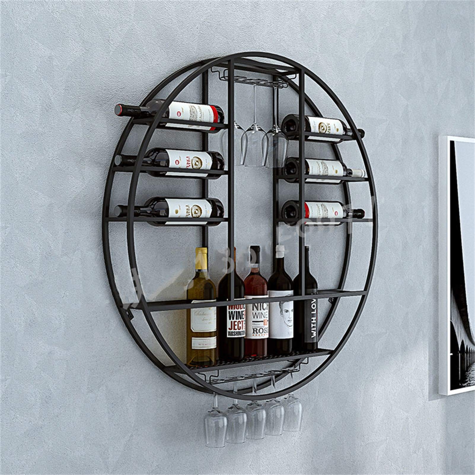 12 Bottle Modern Black Metal Round Wall Mounted Wine Display Rack - Large Capacity with 7 Stem Glass Holder (Gold/Black) | Space-Saving Home Bar & Kitchen Decor